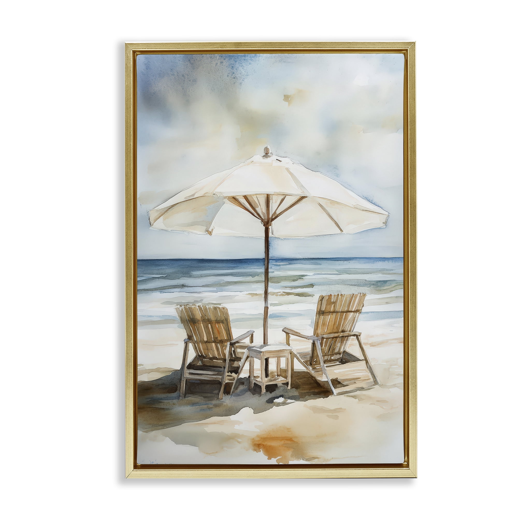 Stupell Industries Watercolor Paradise Beach Scene Gold Framed Floater Canvas Wall Art, design by Petal Prints Design