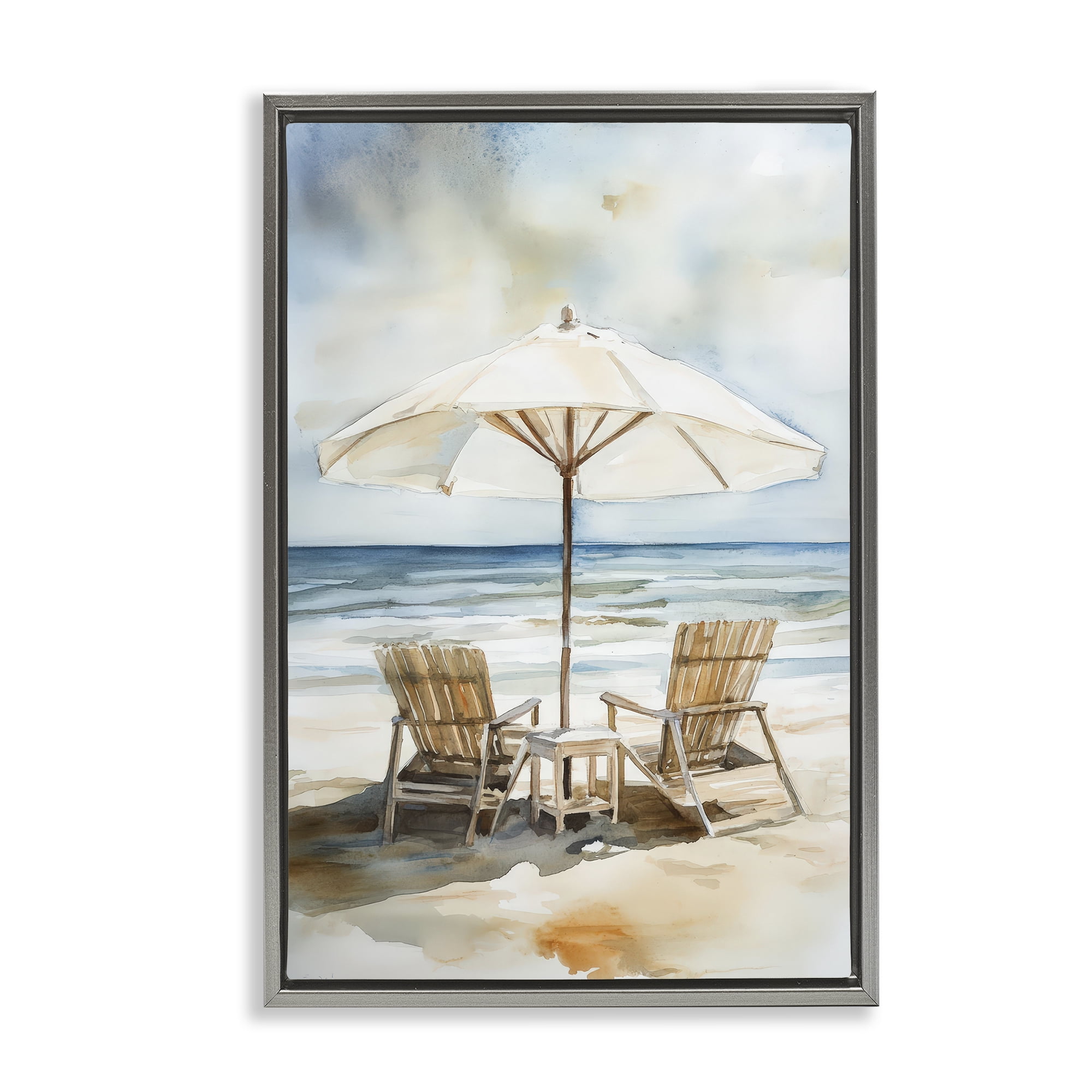 Stupell Industries Watercolor Paradise Beach Scene Gray Framed Floater Canvas Wall Art, design by Petal Prints Design