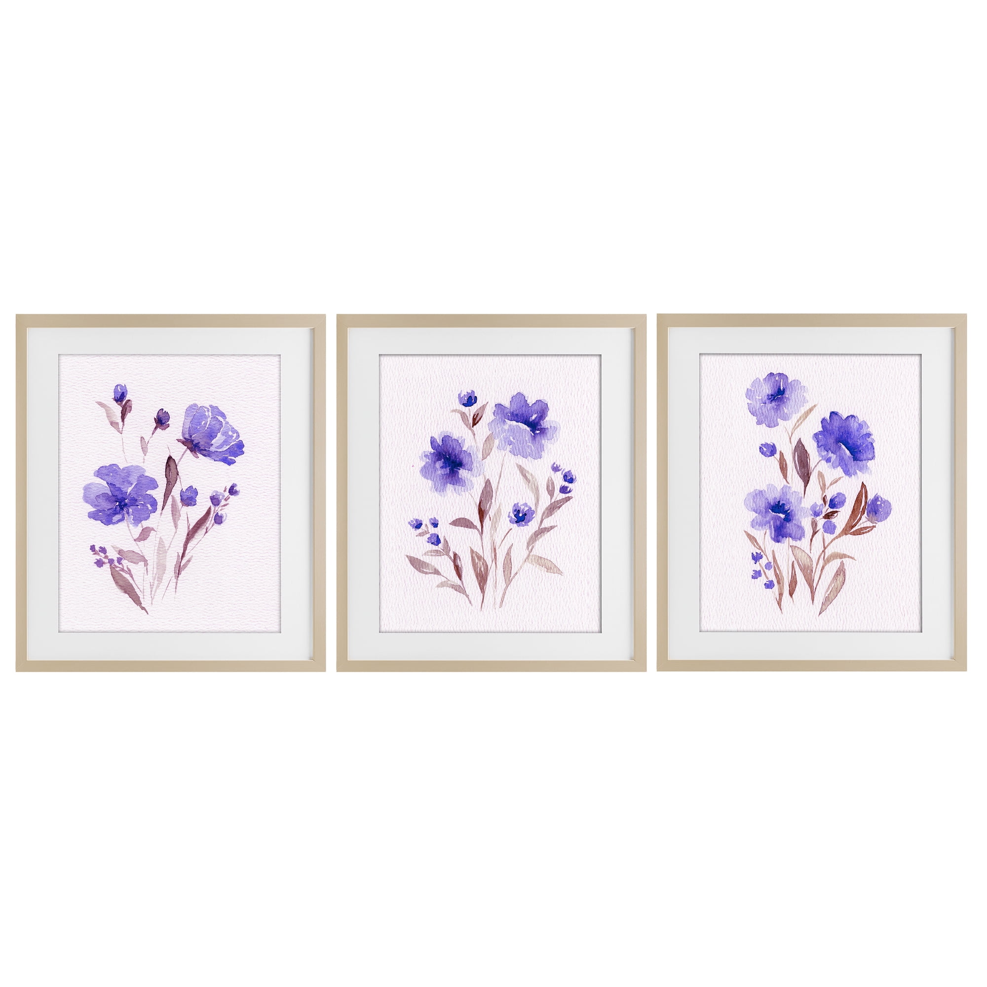 Stupell Industries Watercolor Purple Blooms 3 Piece Birch Framed Print Under Glass Set, design by Leah Noel Art