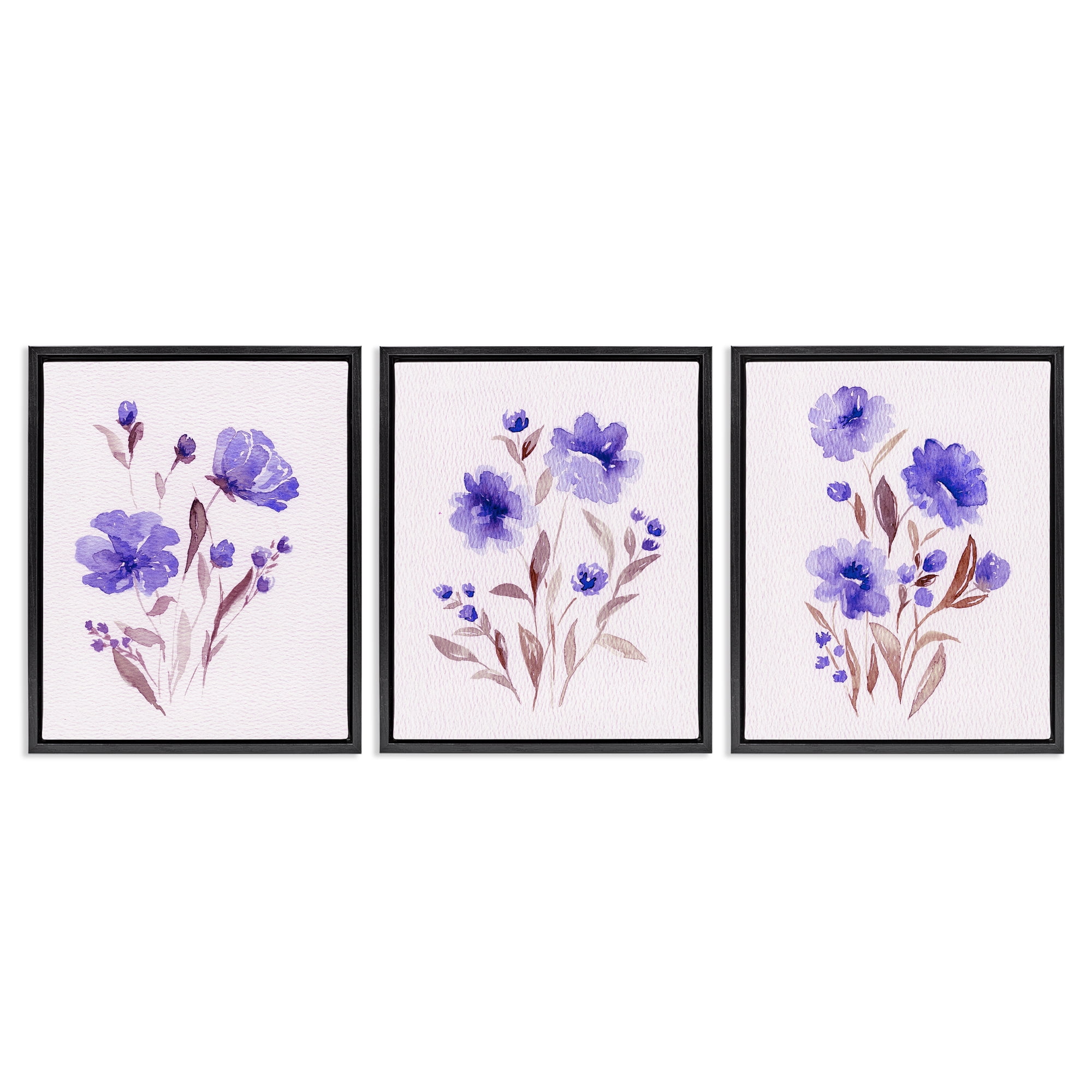 Stupell Industries Watercolor Purple Blooms 3 Piece Black Framed Floater Canvas Set, design by Leah Noel Art