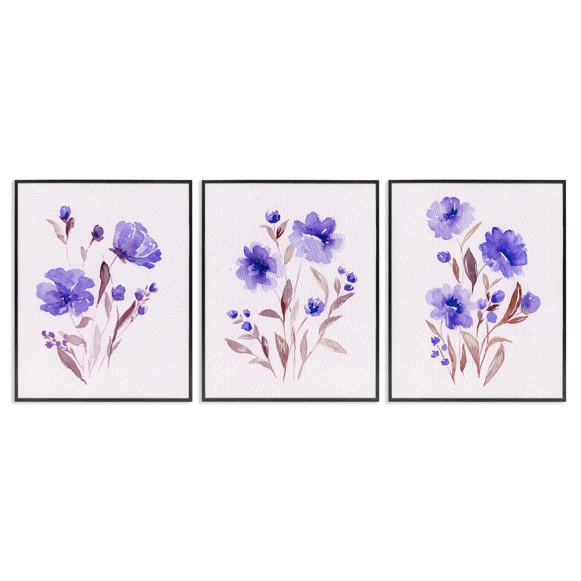 Stupell Industries Watercolor Purple Blooms 3 Piece Black Framed Giclee Art Set, design by Leah Noel Art