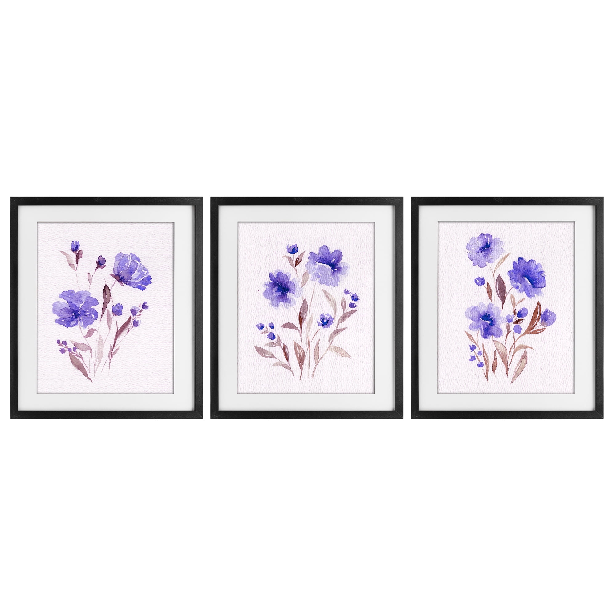 Stupell Industries Watercolor Purple Blooms 3 Piece Black Framed Print Under Glass Set, design by Leah Noel Art