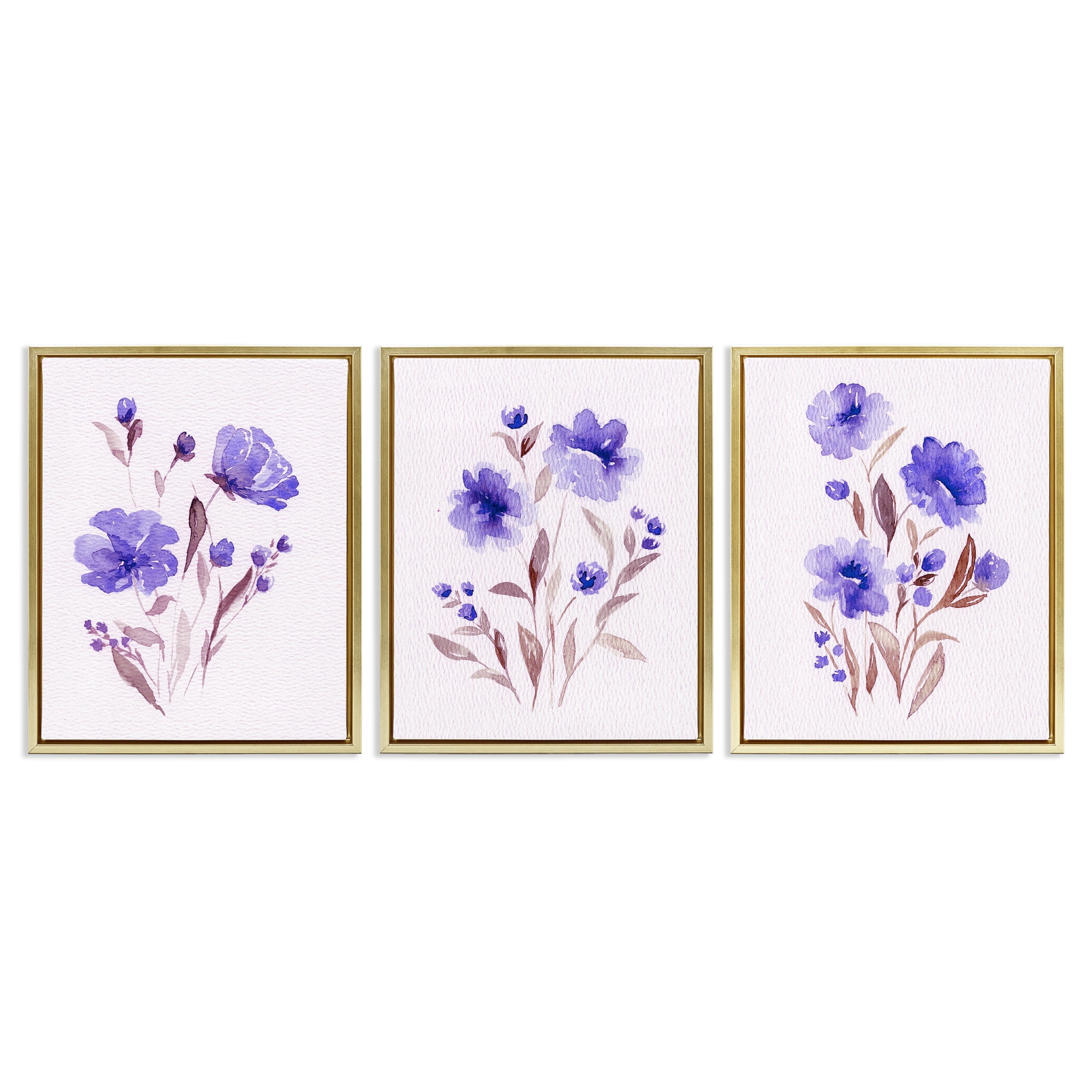 Stupell Industries Watercolor Purple Blooms 3 Piece Gold Framed Floater Canvas Set, design by Leah Noel Art