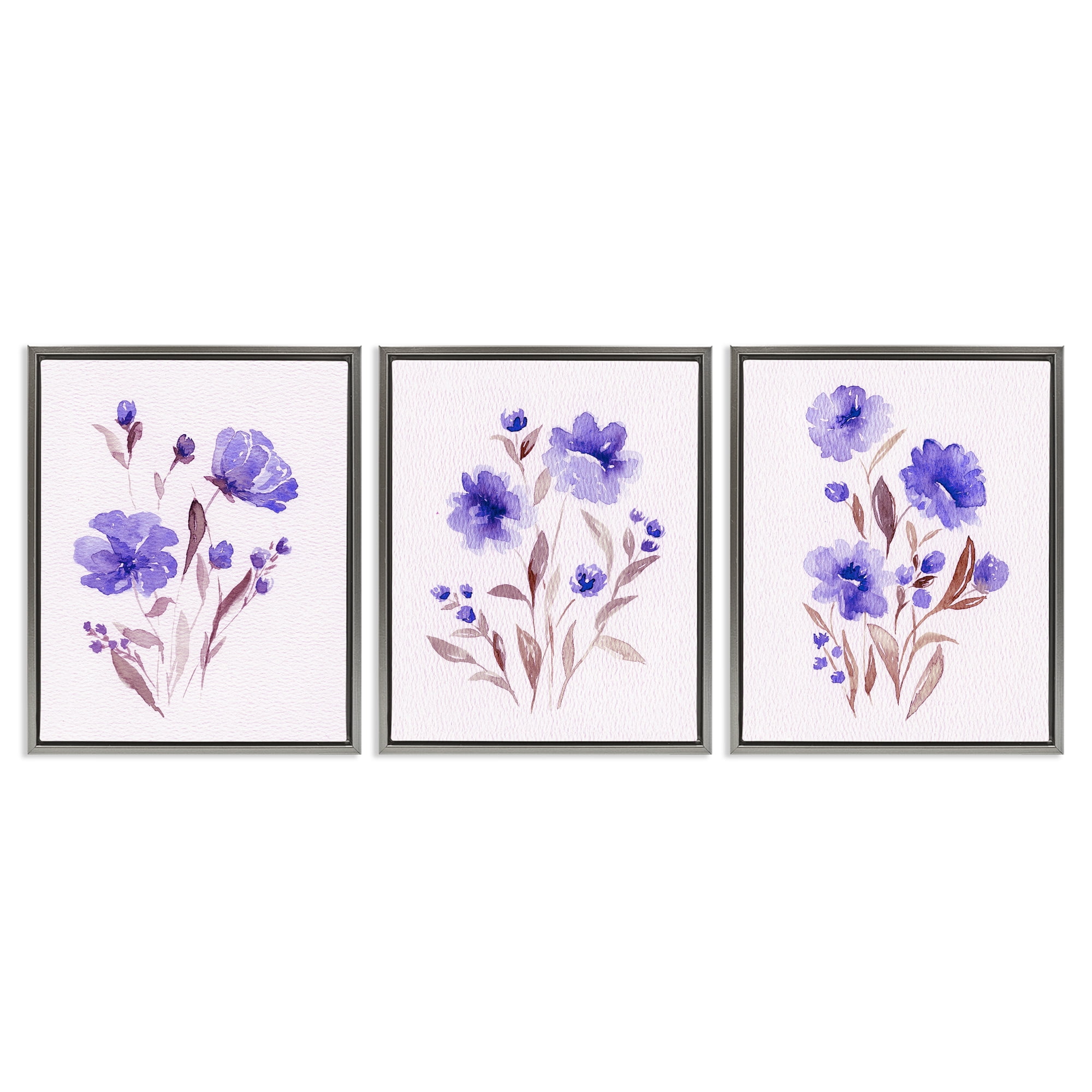 Stupell Industries Watercolor Purple Blooms 3 Piece Gray Framed Floater Canvas Set, design by Leah Noel Art