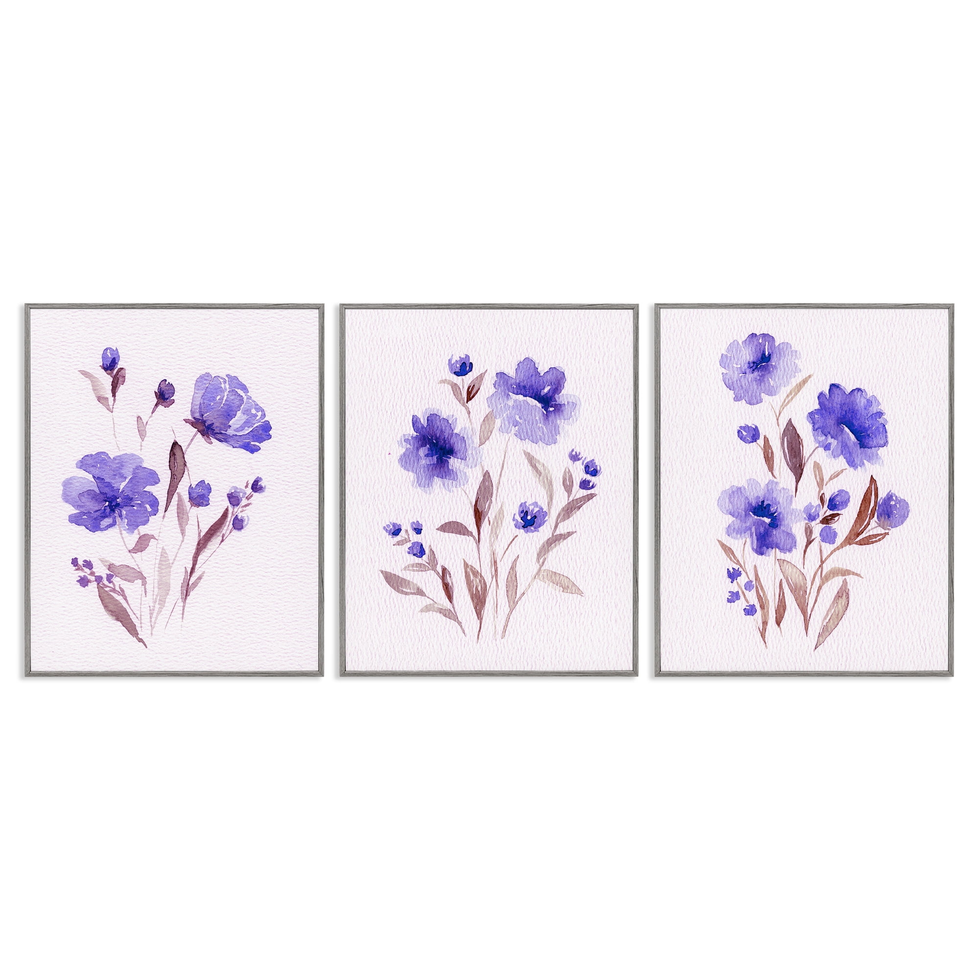 Stupell Industries Watercolor Purple Blooms 3 Piece Gray Framed Giclee Art Set, design by Leah Noel Art
