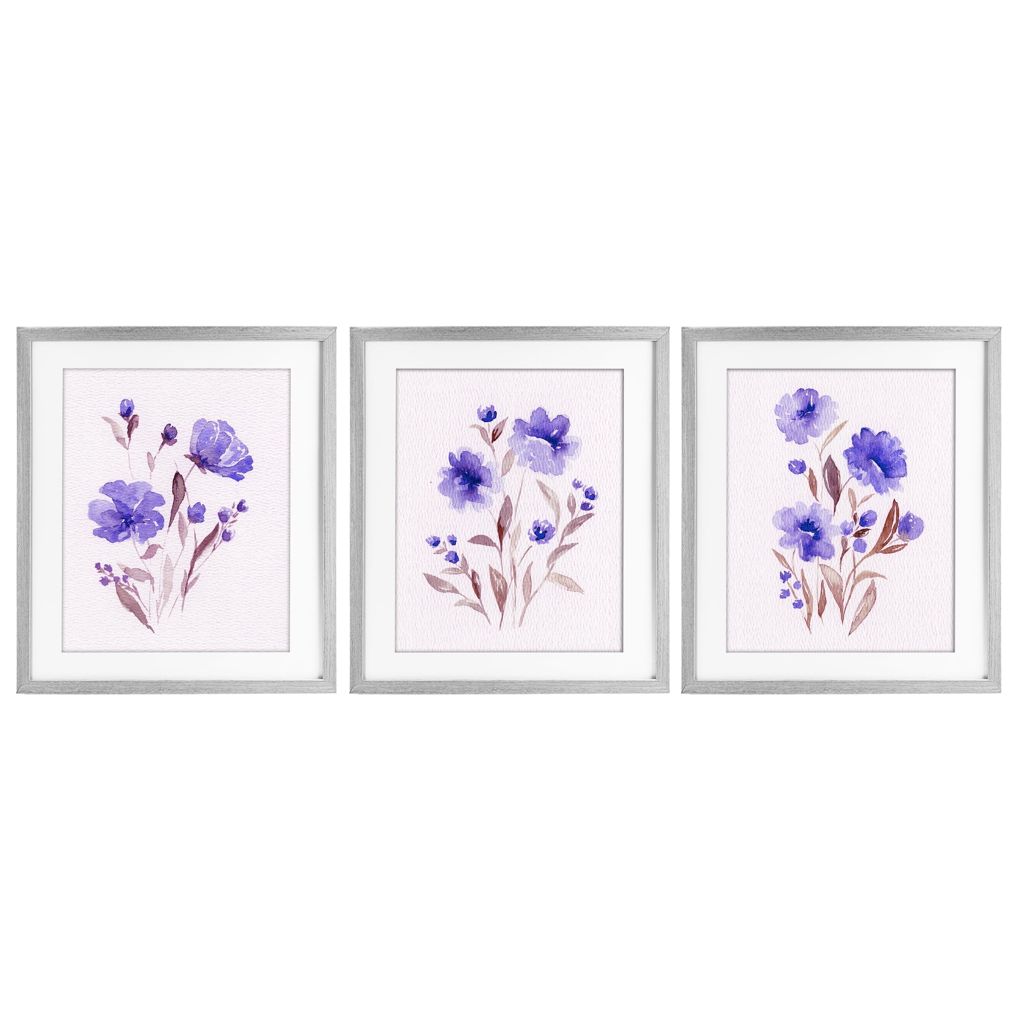 Stupell Industries Watercolor Purple Blooms 3 Piece Gray Framed Print Under Glass Set, design by Leah Noel Art