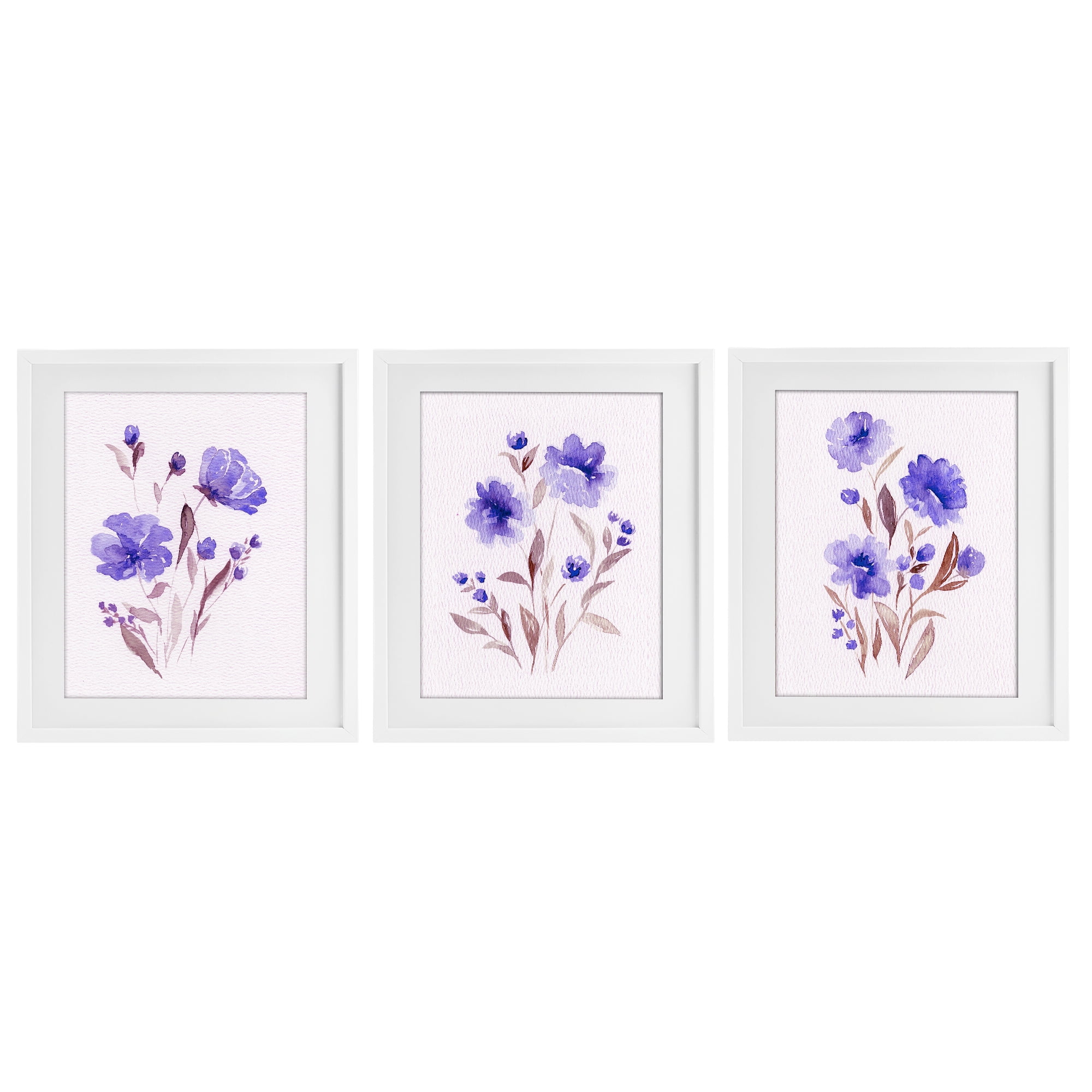 Stupell Industries Watercolor Purple Blooms 3 Piece White Framed Print Under Glass Set, design by Leah Noel Art