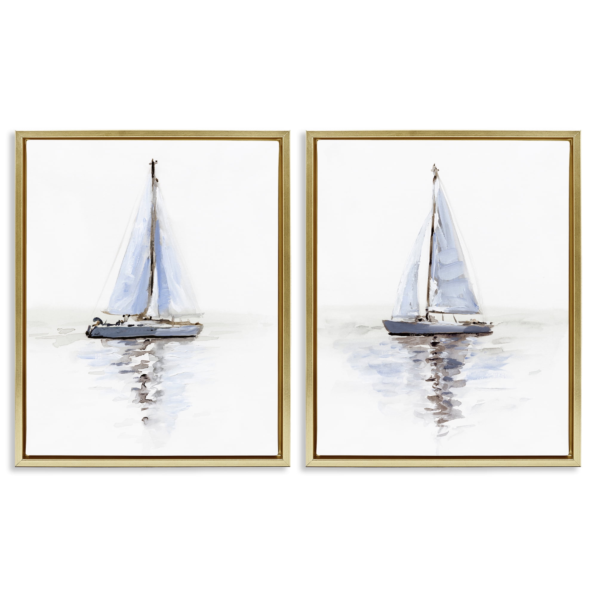 Stupell Industries Watercolor Sailboat Calm Water Transportation Painting Gold Floater Framed Canvas Art Print Wall Art, 17 x 21, Set of 2