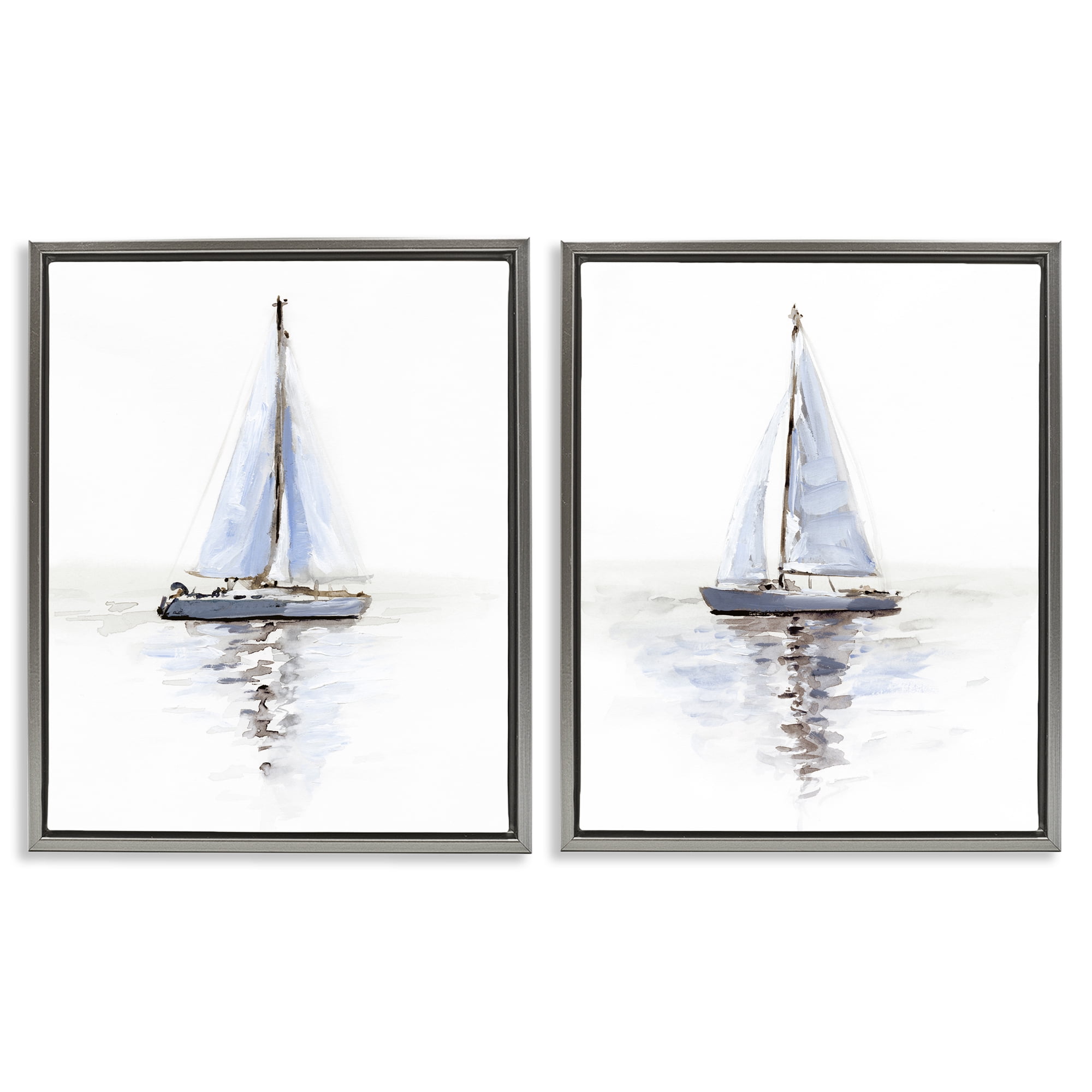 Stupell Industries Watercolor Sailboat Calm Water Transportation Painting Gray Floater Framed Canvas Art Print Wall Art, 31 x 25, Set of 2