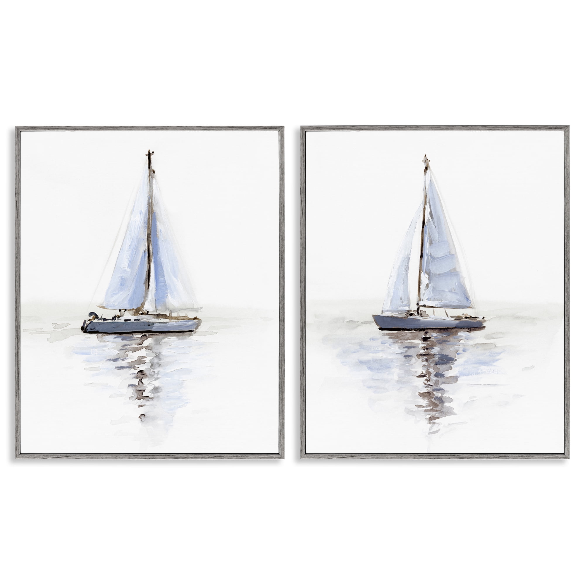 Stupell Industries Watercolor Sailboat Calm Water Transportation Painting Gray Framed Art Print Wall Art, 16 x 20, Set of 2