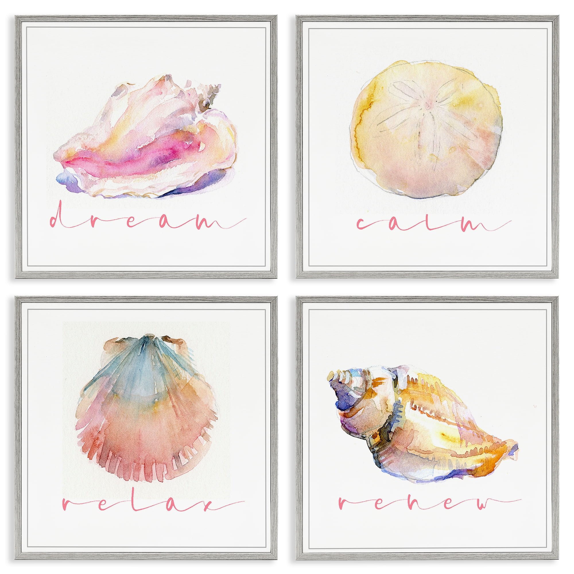 Stupell Industries Watercolor Seashells with Phrases Nautical & Beach Painting Gray Framed Art Print Wall Art, 12 x 12, Set of 4