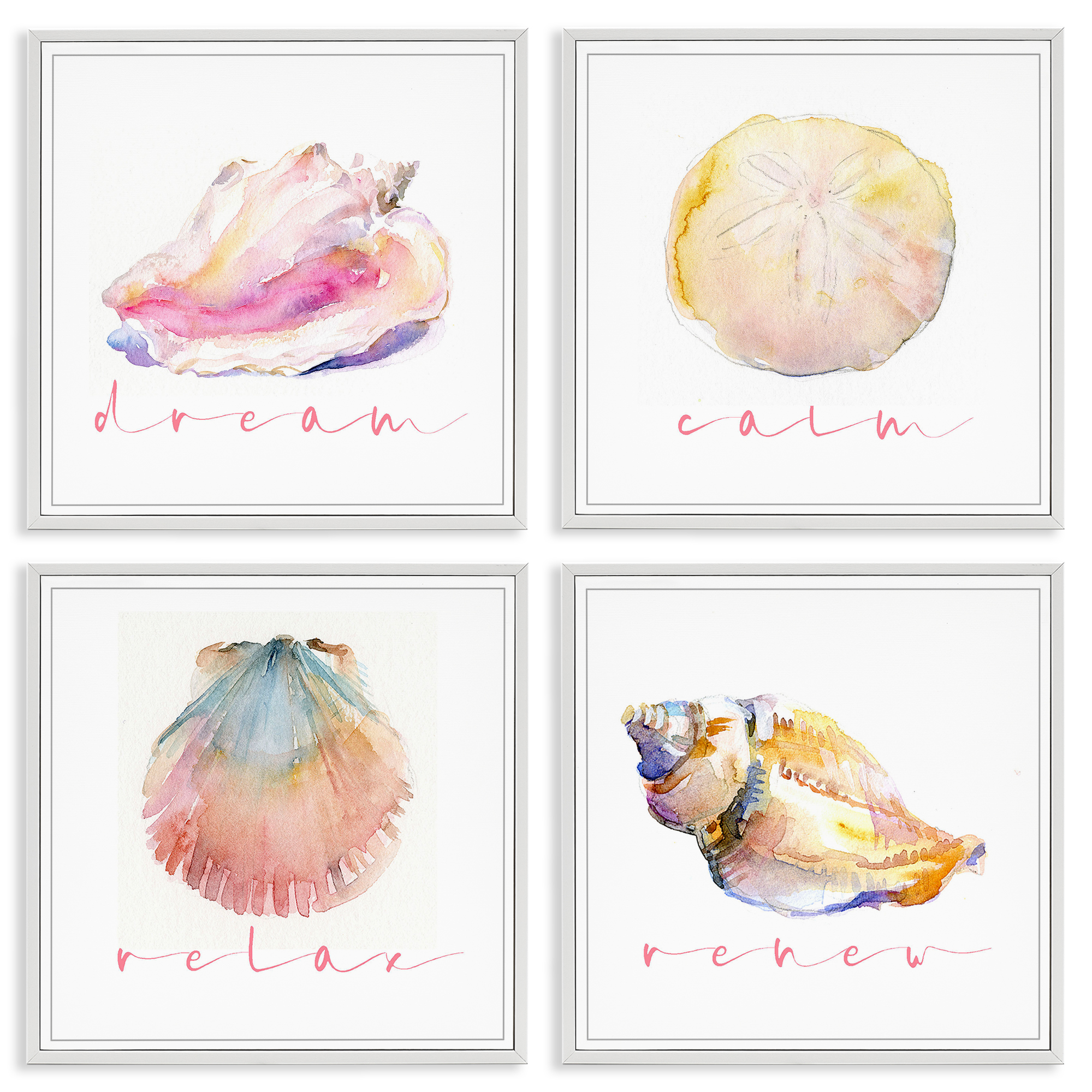Stupell Industries Watercolor Seashells with Phrases Nautical & Beach Painting White Framed Art Print Wall Art, 12 x 12, Set of 4