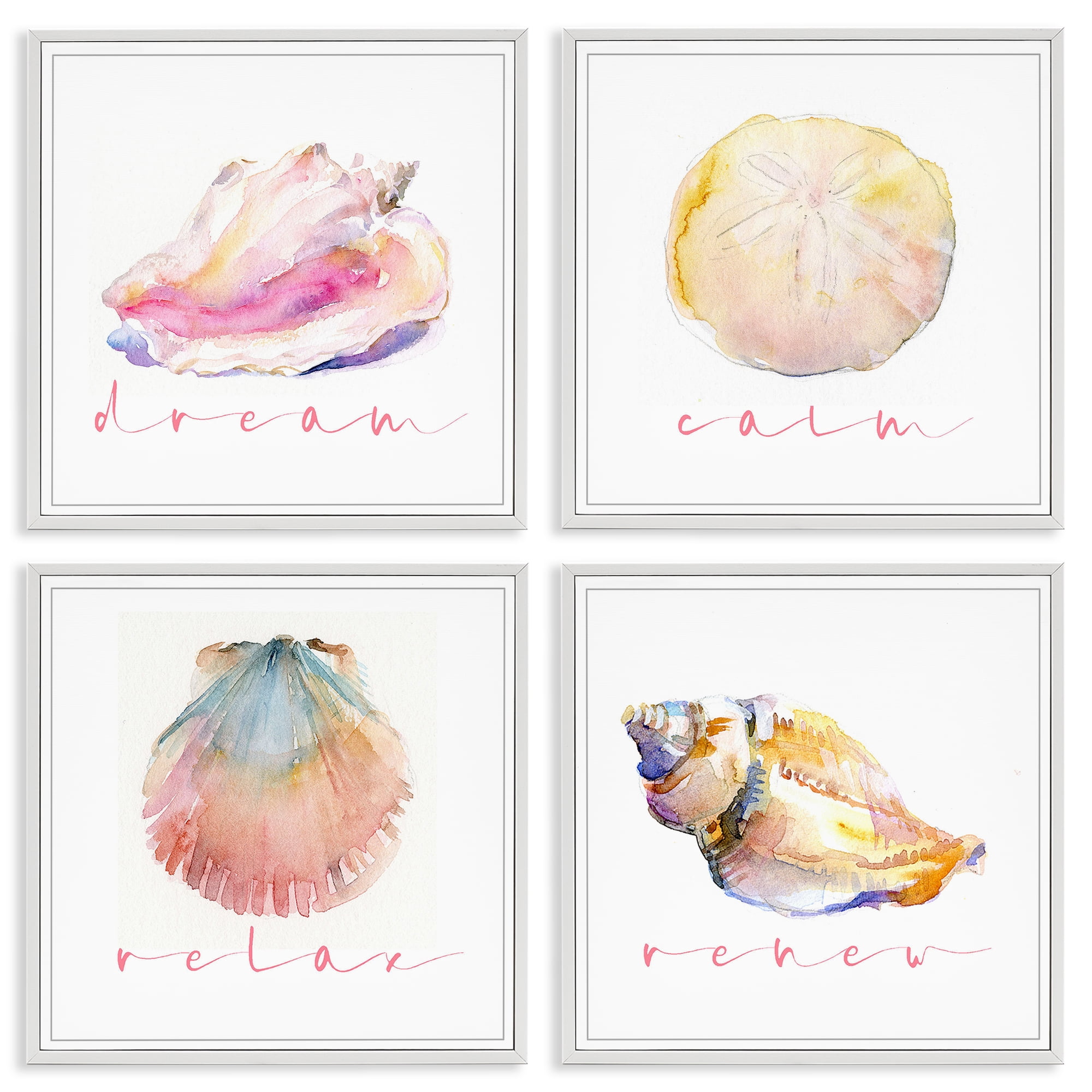 Stupell Industries Watercolor Seashells with Phrases Nautical & Beach Painting White Framed Art Print Wall Art, 17 x 17, Set of 4