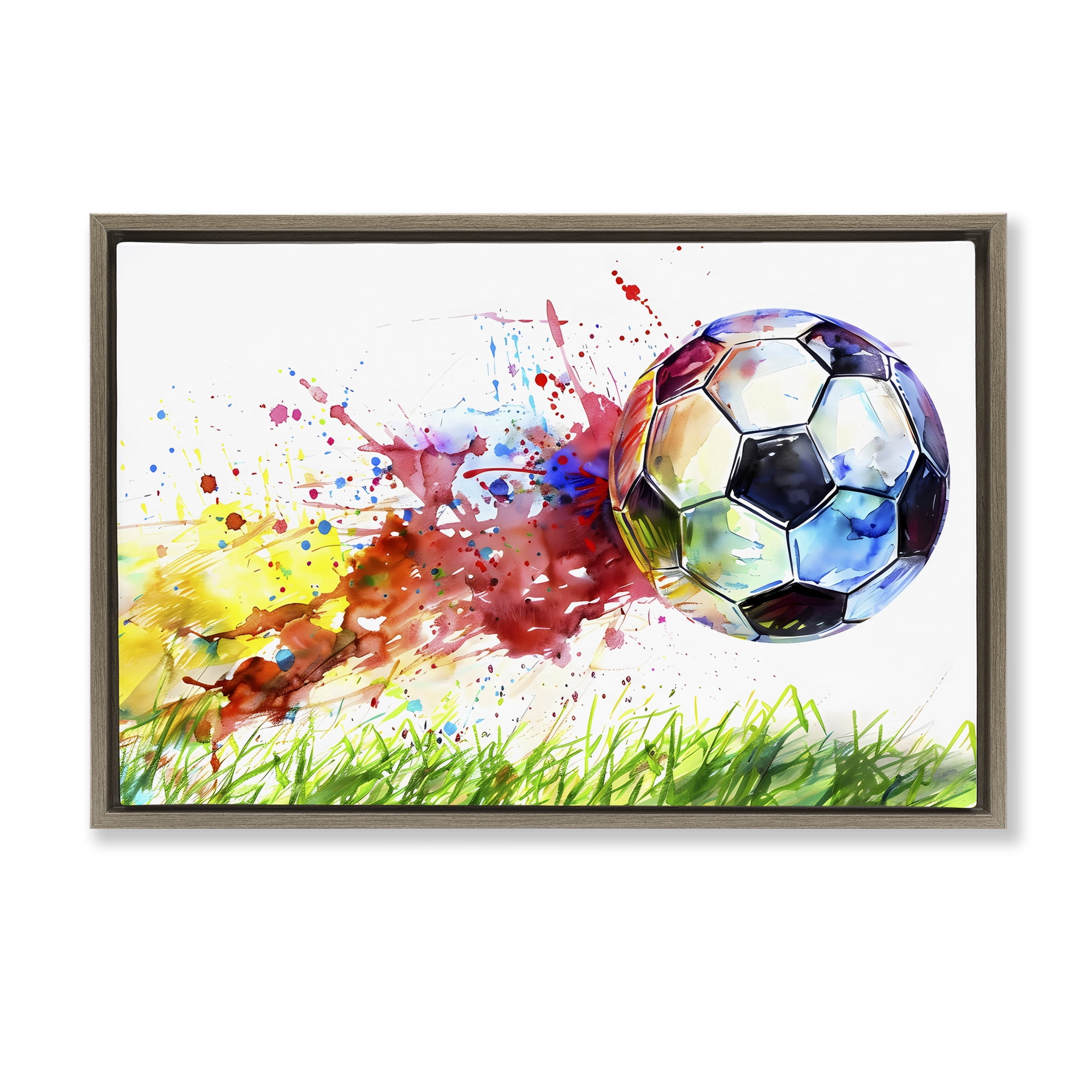Stupell Industries Watercolor Soccer Ball in Motion Brown Framed Floater Canvas Wall Art, design by Creative Studio