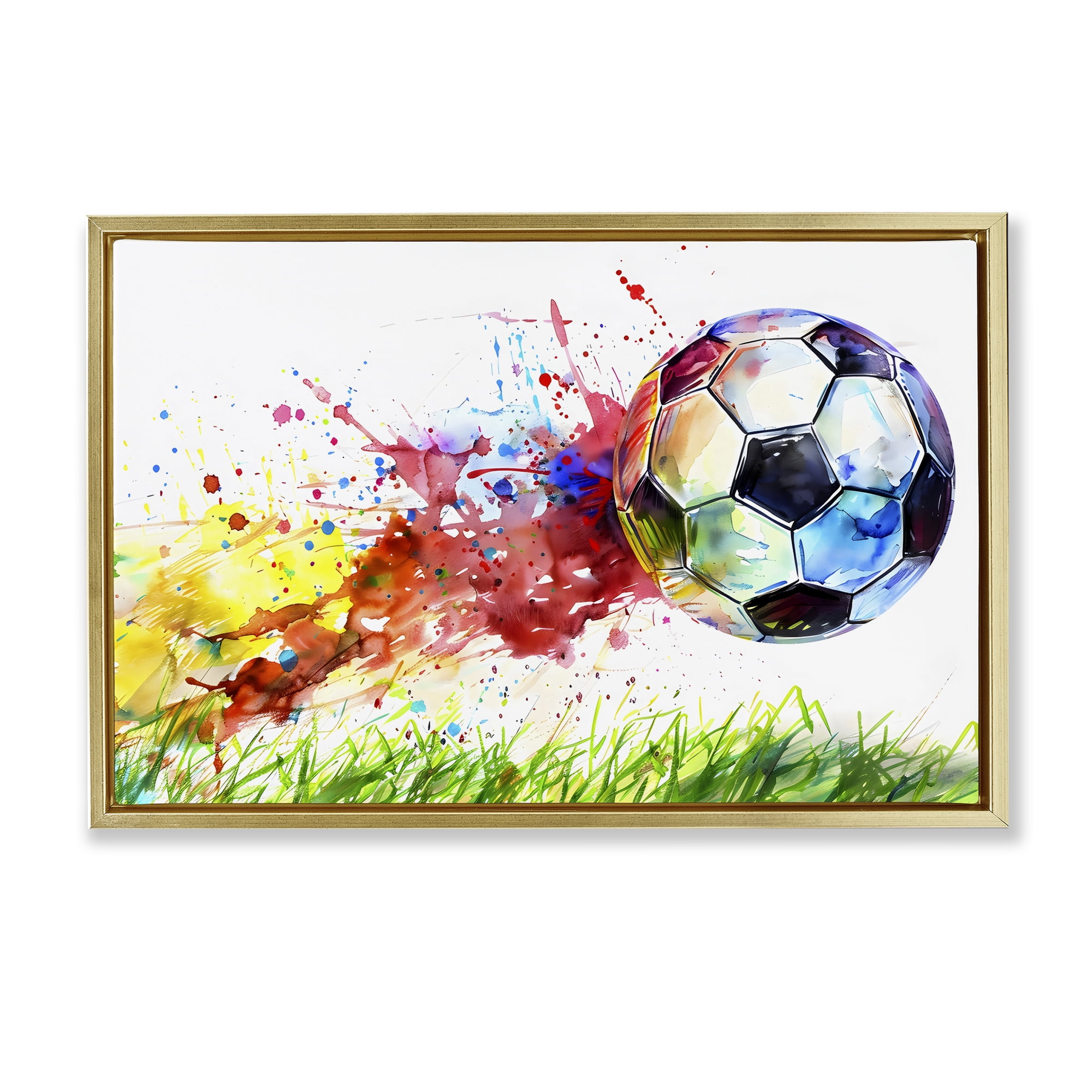 Stupell Industries Watercolor Soccer Ball in Motion Gold Framed Floater Canvas Wall Art, design by Creative Studio