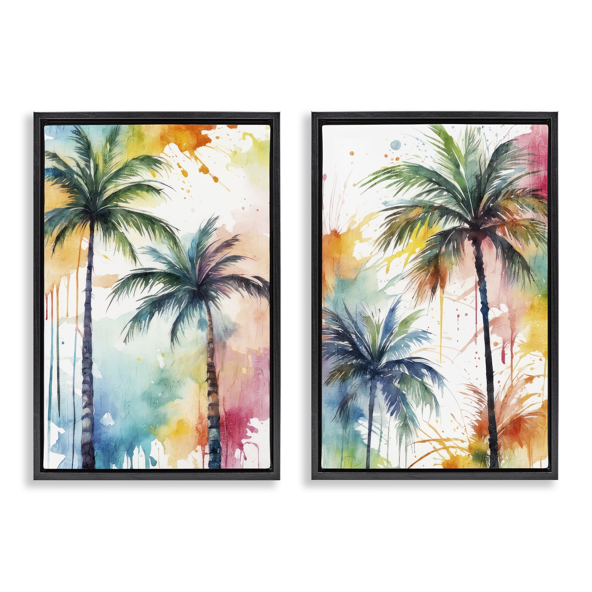 Stupell Industries Watercolor Splash Towering Palms Plants & Flowers Painting Black Floater Framed Canvas Art Print Wall Art, 21 x 31, Set of 2