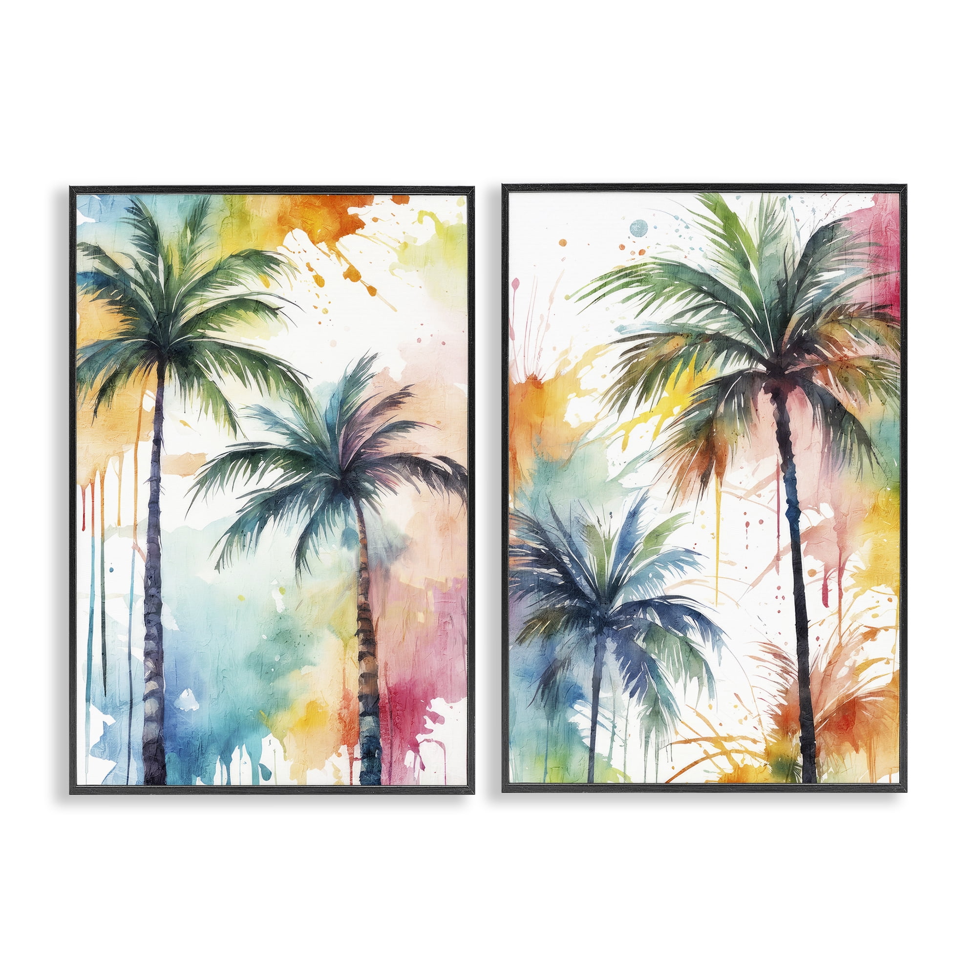 Stupell Industries Watercolor Splash Towering Palms Plants & Flowers Painting Black Framed Art Print Wall Art, 20 x 30, Set of 2