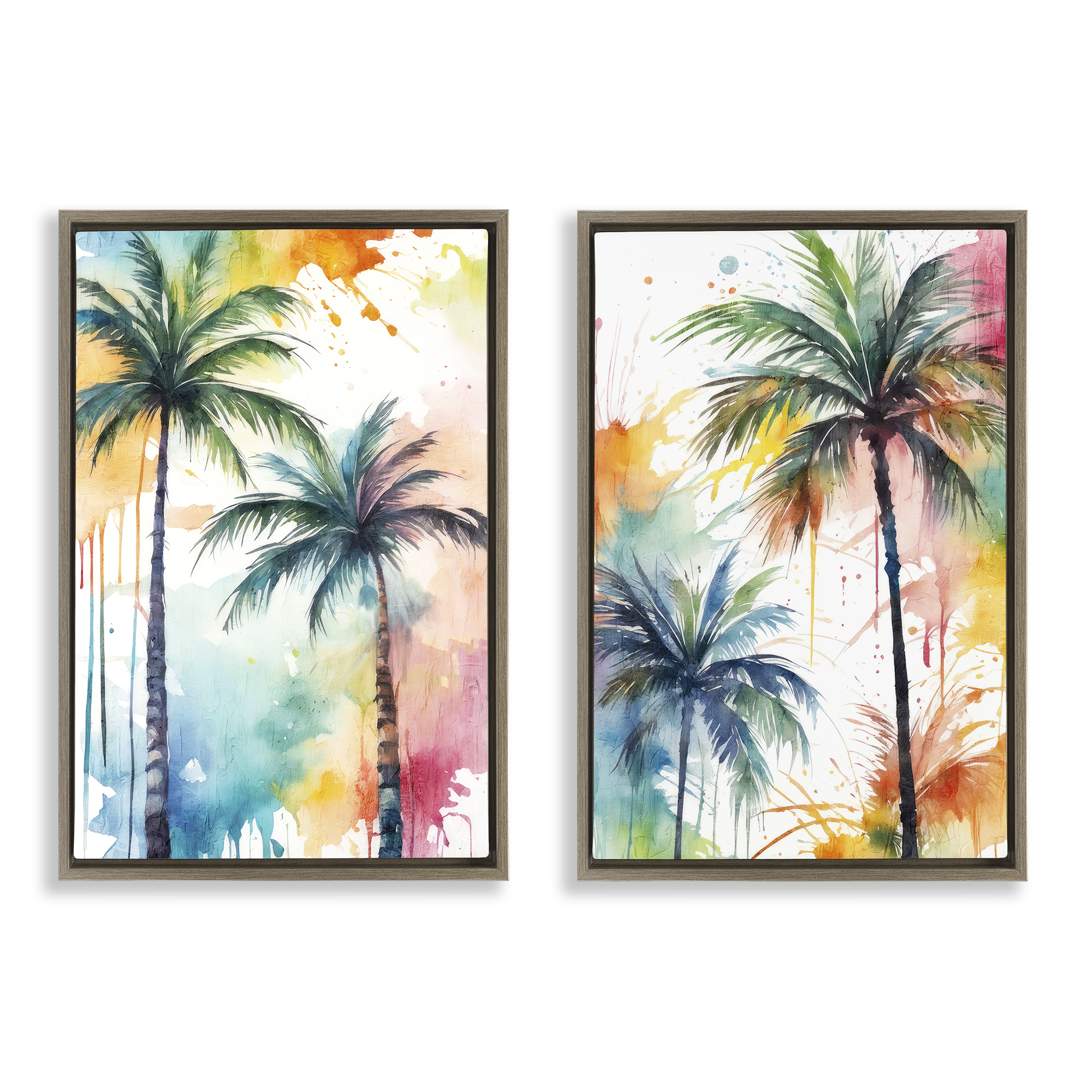 Stupell Industries Watercolor Splash Towering Palms Plants & Flowers Painting Brown Floater Framed Canvas Art Print Wall Art, 17 x 25, Set of 2