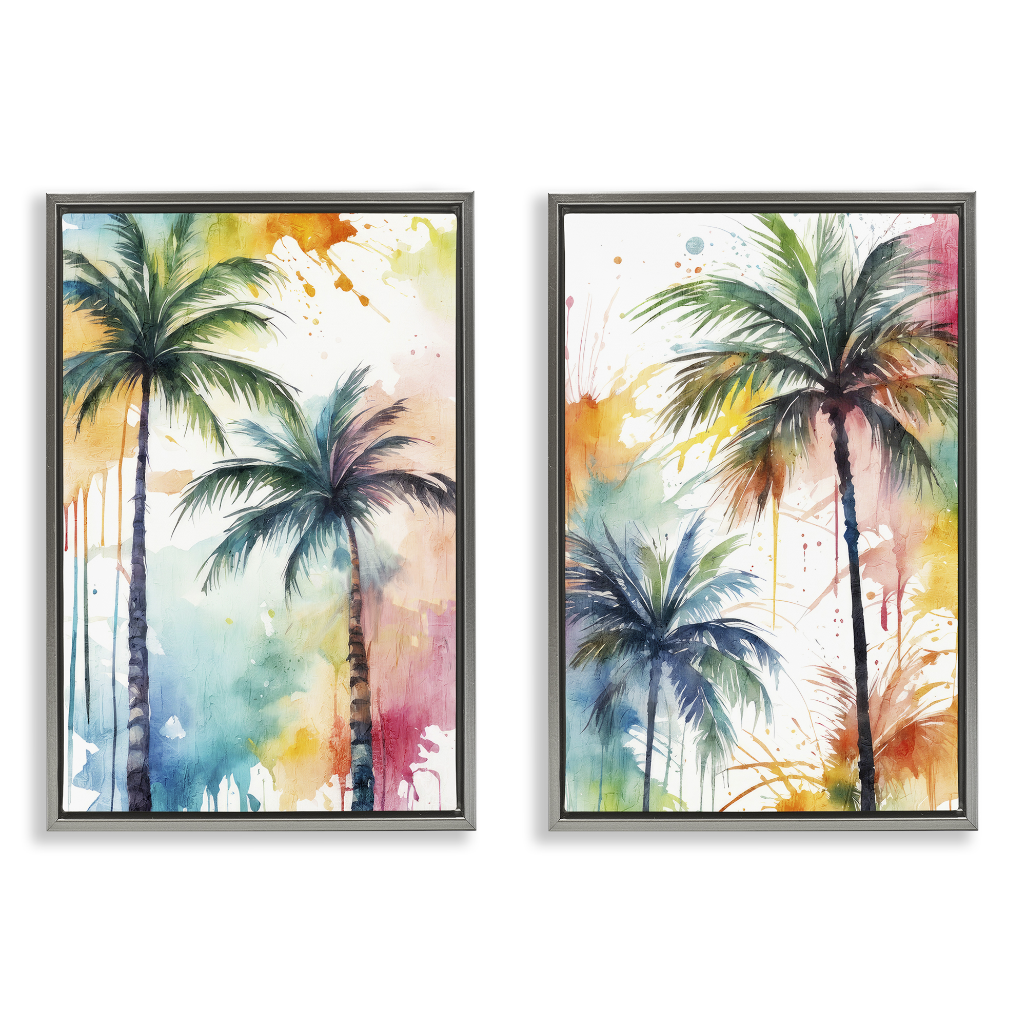 Stupell Industries Watercolor Splash Towering Palms Plants & Flowers Painting Gray Floater Framed Canvas Art Print Wall Art, 21 x 31, Set of 2