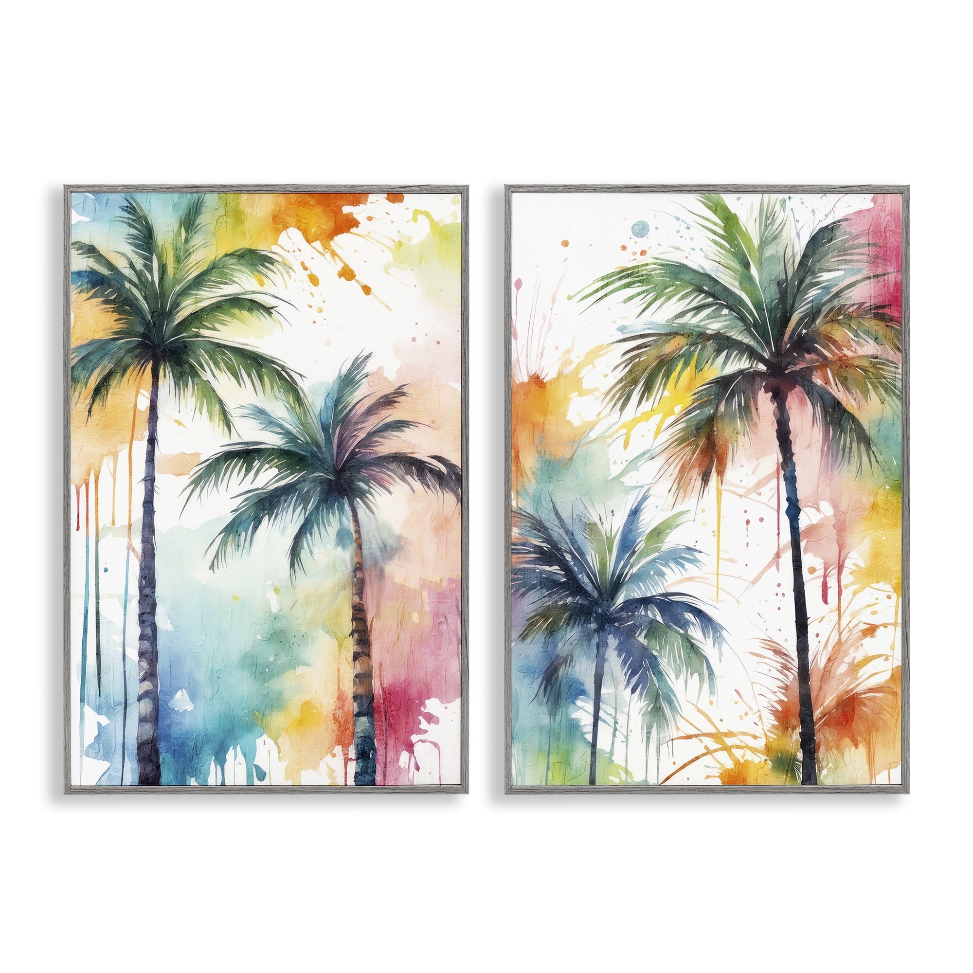 Stupell Industries Watercolor Splash Towering Palms Plants & Flowers Painting Gray Framed Art Print Wall Art, 16 x 24, Set of 2