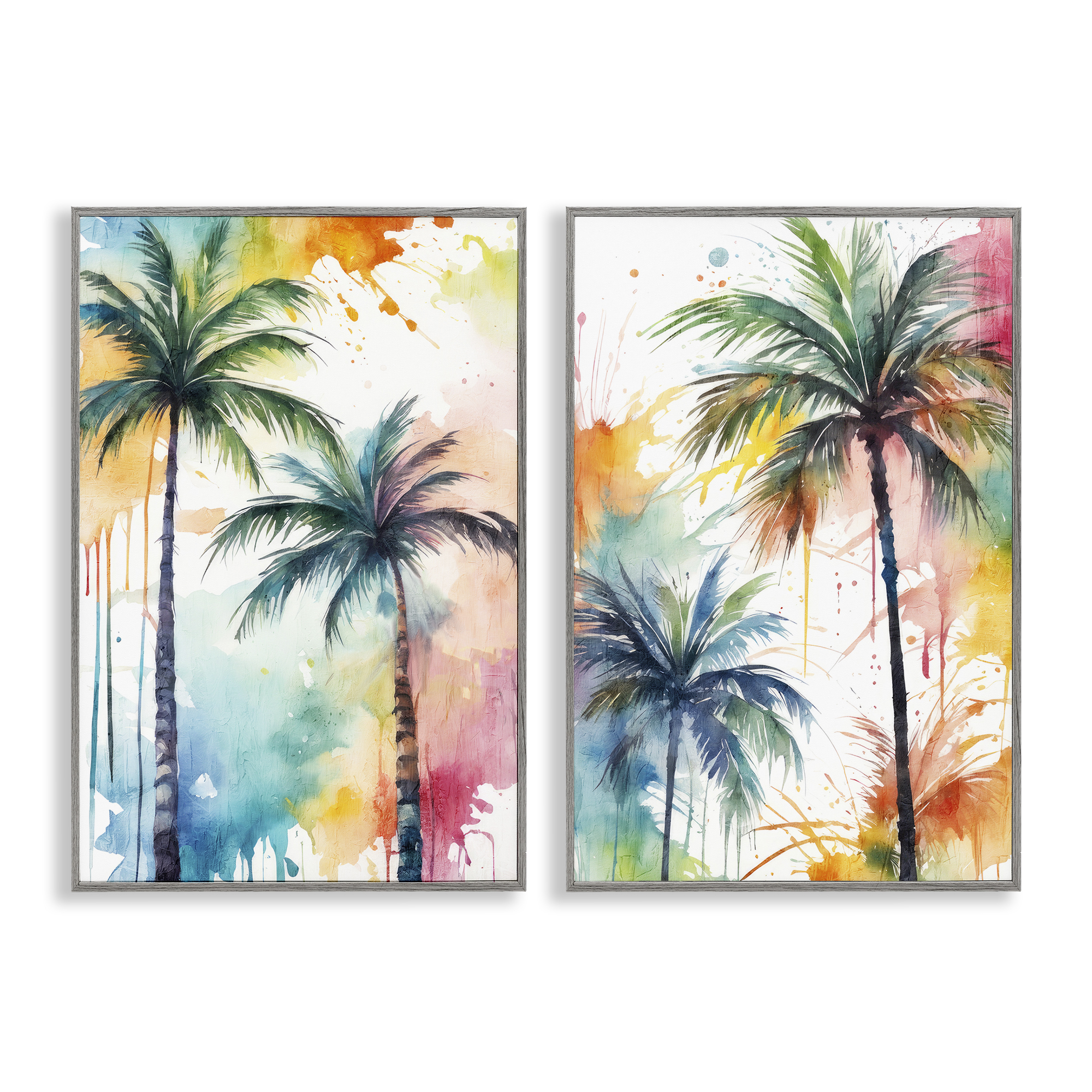 Stupell Industries Watercolor Splash Towering Palms Plants & Flowers Painting Gray Framed Art Print Wall Art, 20 x 30, Set of 2