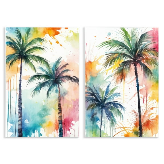 Stupell Industries Watercolor Splash Towering Palms Plants & Flowers Painting Unframed Art Print Wall Art, 10 x 15, Set of 2