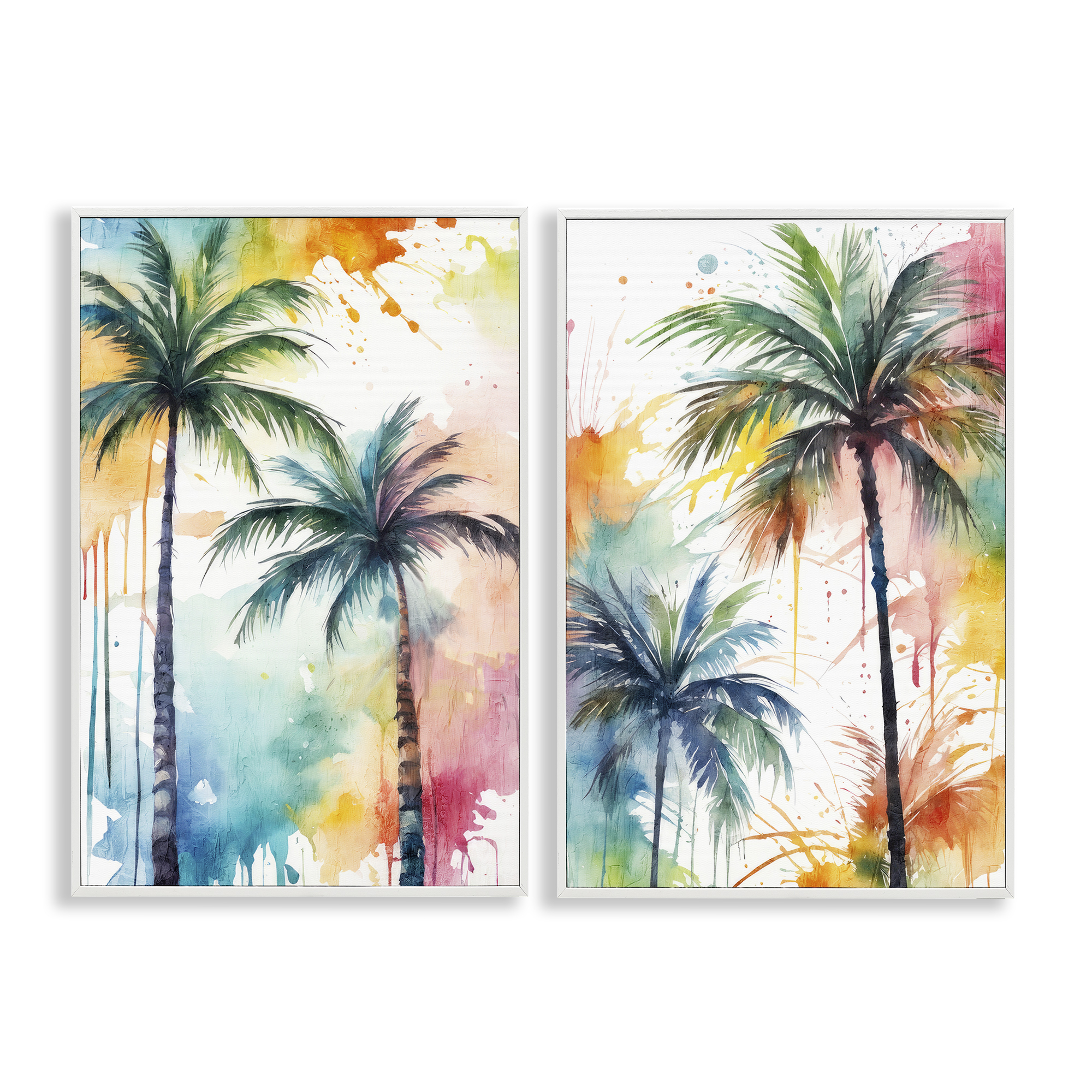 Stupell Industries Watercolor Splash Towering Palms Plants & Flowers Painting White Framed Art Print Wall Art, 16 x 24, Set of 2