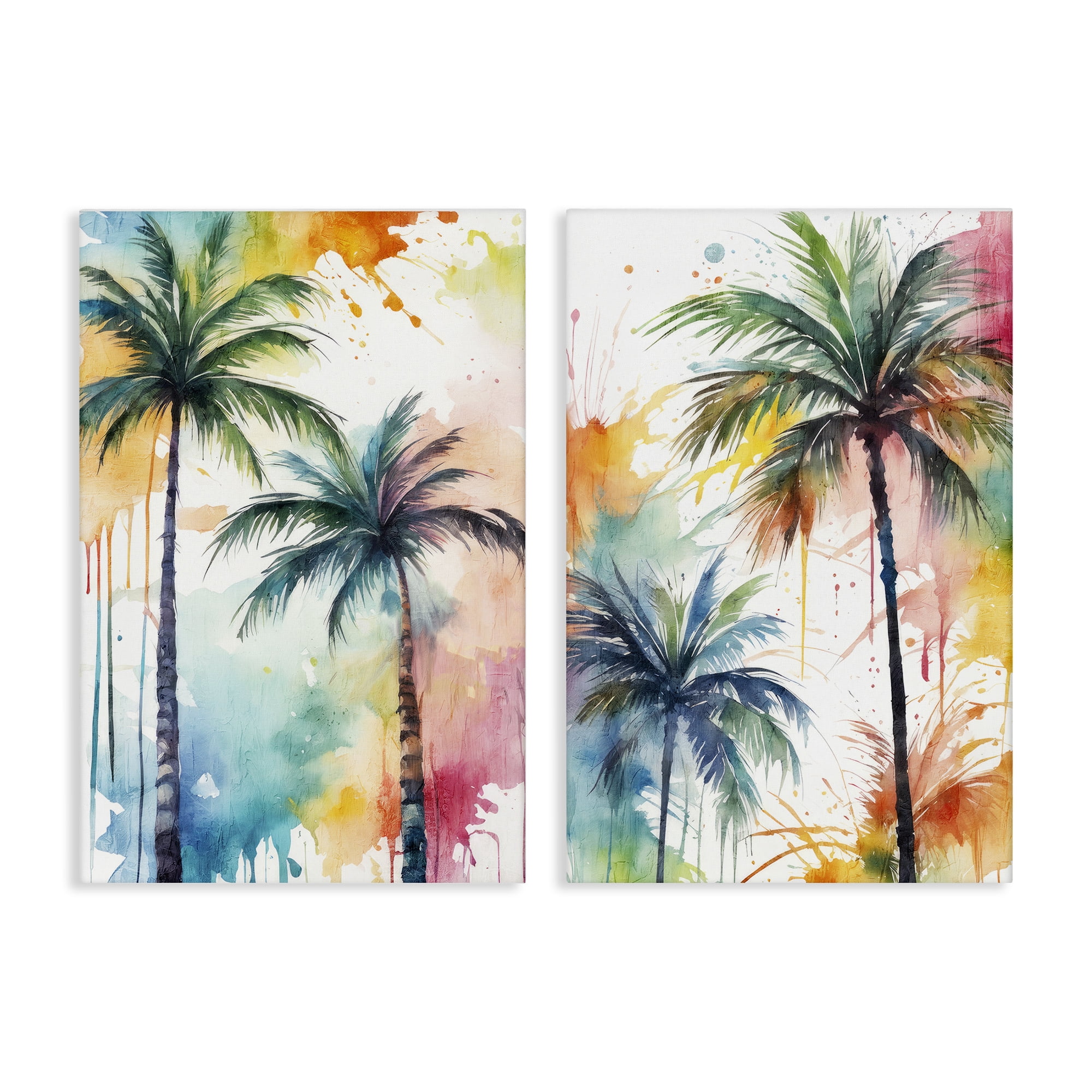 Stupell Industries Watercolor Splash Towering Palms Plants & Flowers Painting Wrapped Canvas Art Print Wall Art, 24 x 36, Set of 2
