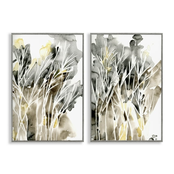 Stupell Industries Watercolor Splash with Tendrils Abstract Painting Gray Framed Art Print Wall Art, 12 x 18, Set of 2