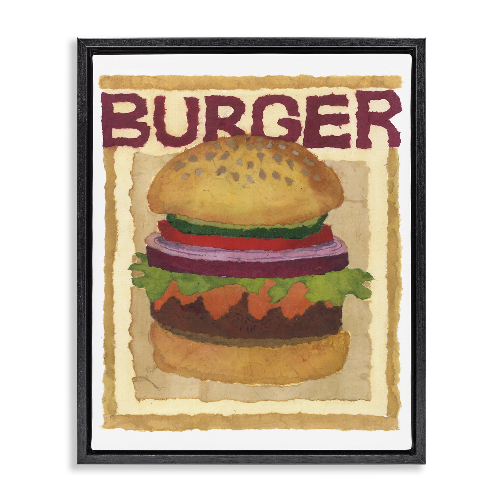 Stupell Industries Watercolor Style Burger Food & Beverage Painting Black Floater Framed Art Print Wall Art, 25 x 31