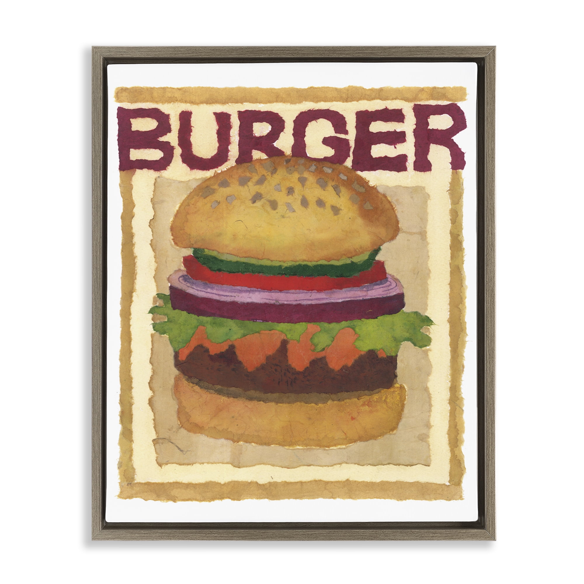 Stupell Industries Watercolor Style Burger Food & Beverage Painting Brown Floater Framed Art Print Wall Art, 17 x 21