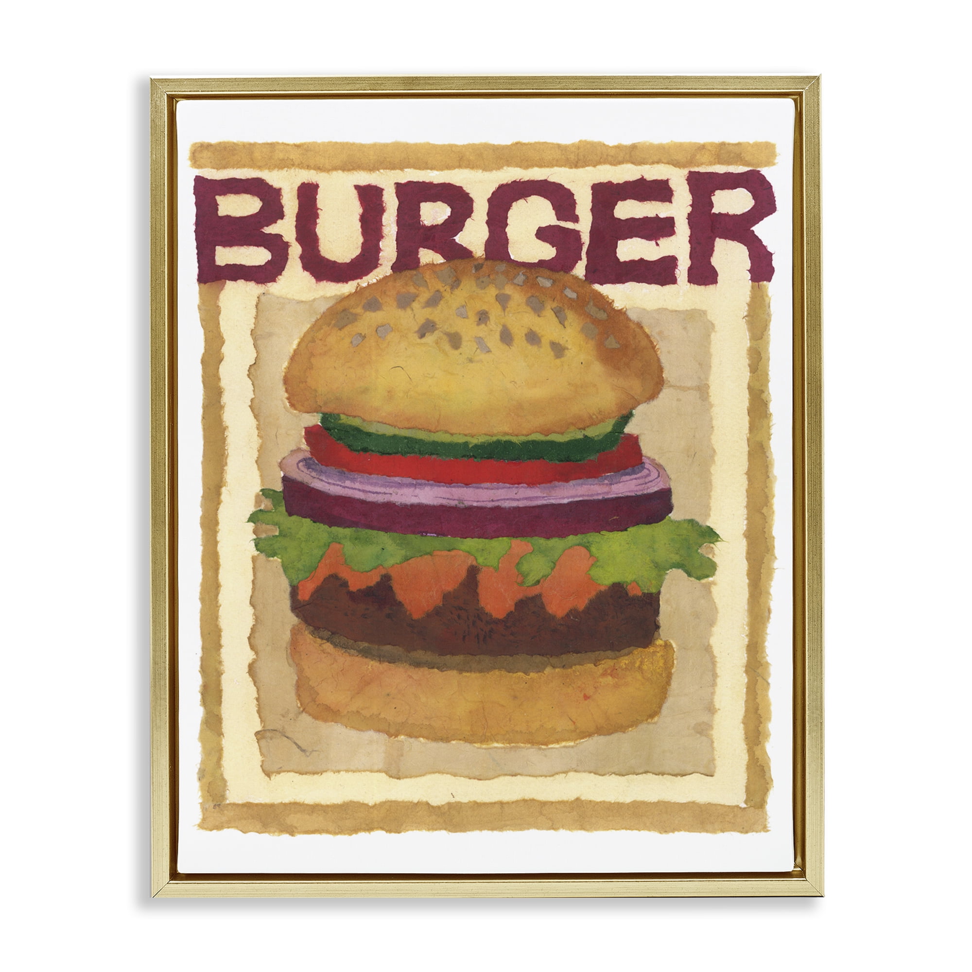 Stupell Industries Watercolor Style Burger Food & Beverage Painting Gold Floater Framed Art Print Wall Art, 17 x 21