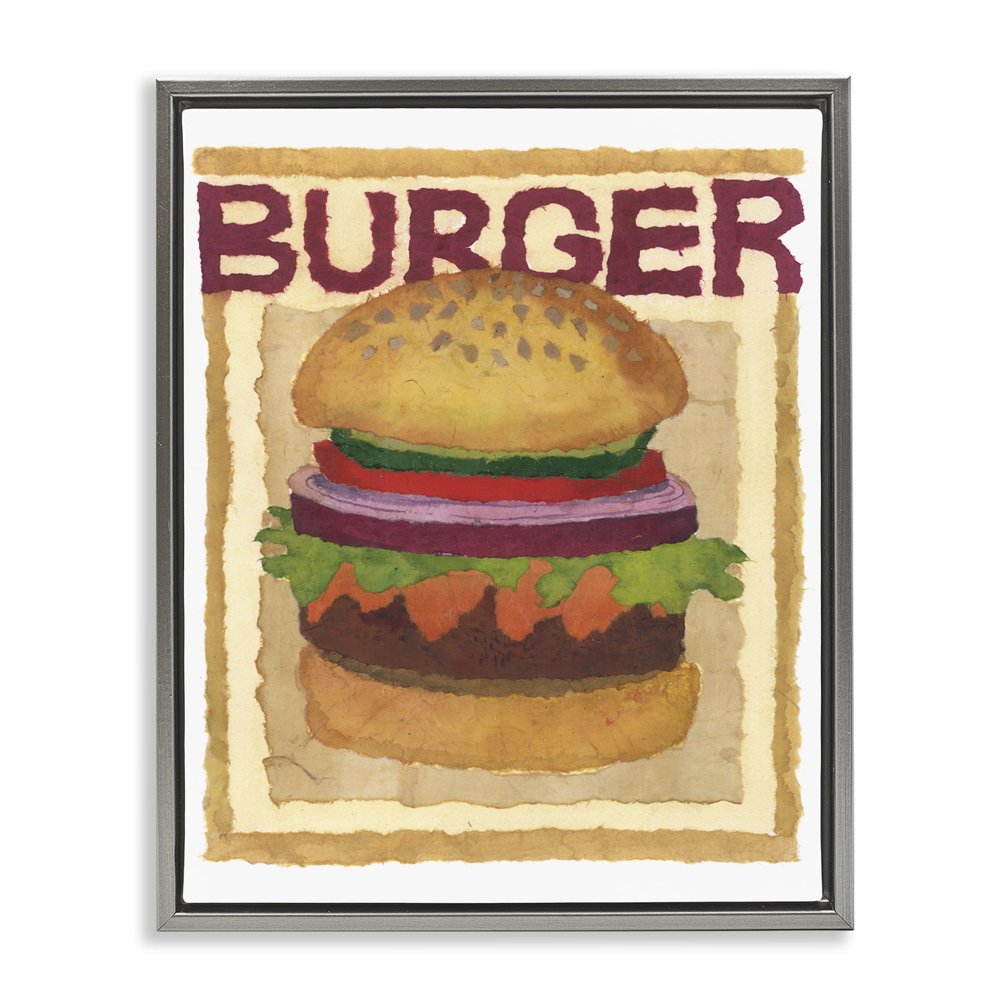 Stupell Industries Watercolor Style Burger Food & Beverage Painting Gray Floater Framed Art Print Wall Art, 17 x 21