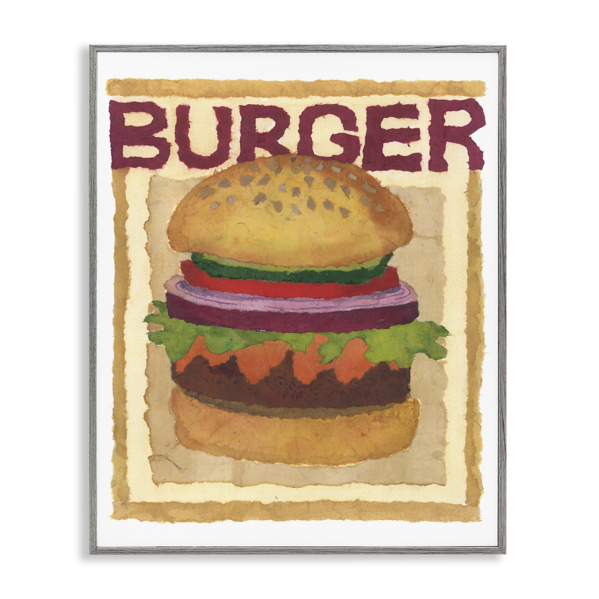 Stupell Industries Watercolor Style Burger Food & Beverage Painting Gray Framed Art Print Wall Art, 11 x 14
