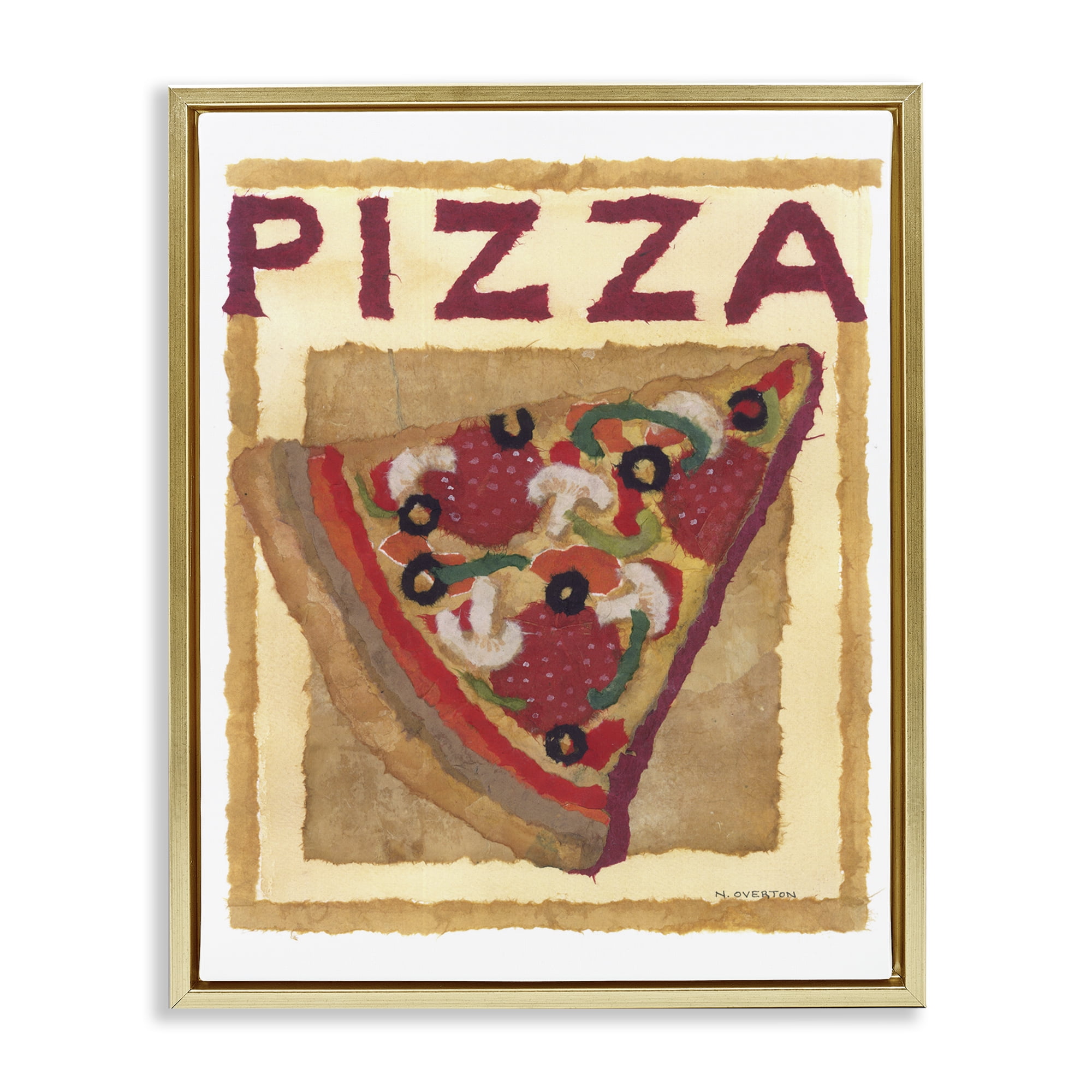 Stupell Industries Watercolor Style Pizza Food & Beverage Painting Gold Floater Framed Art Print Wall Art, 17 x 21