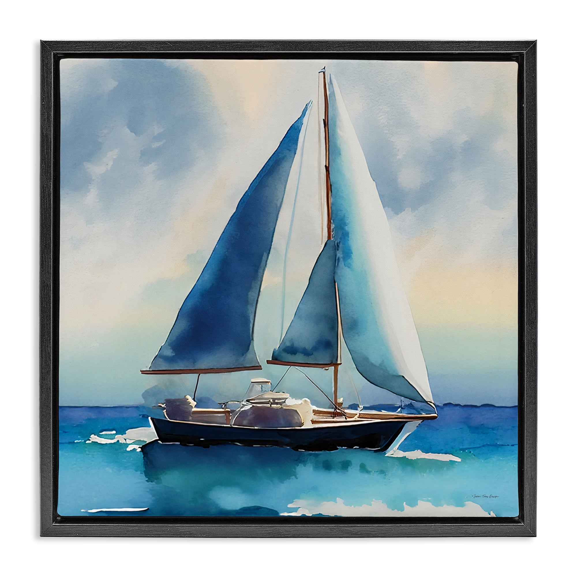 Stupell Industries Watercolor Style Sailboat Nautical & Beach Painting Black Floater Framed Canvas Art Print Wall Art, 18 x 18