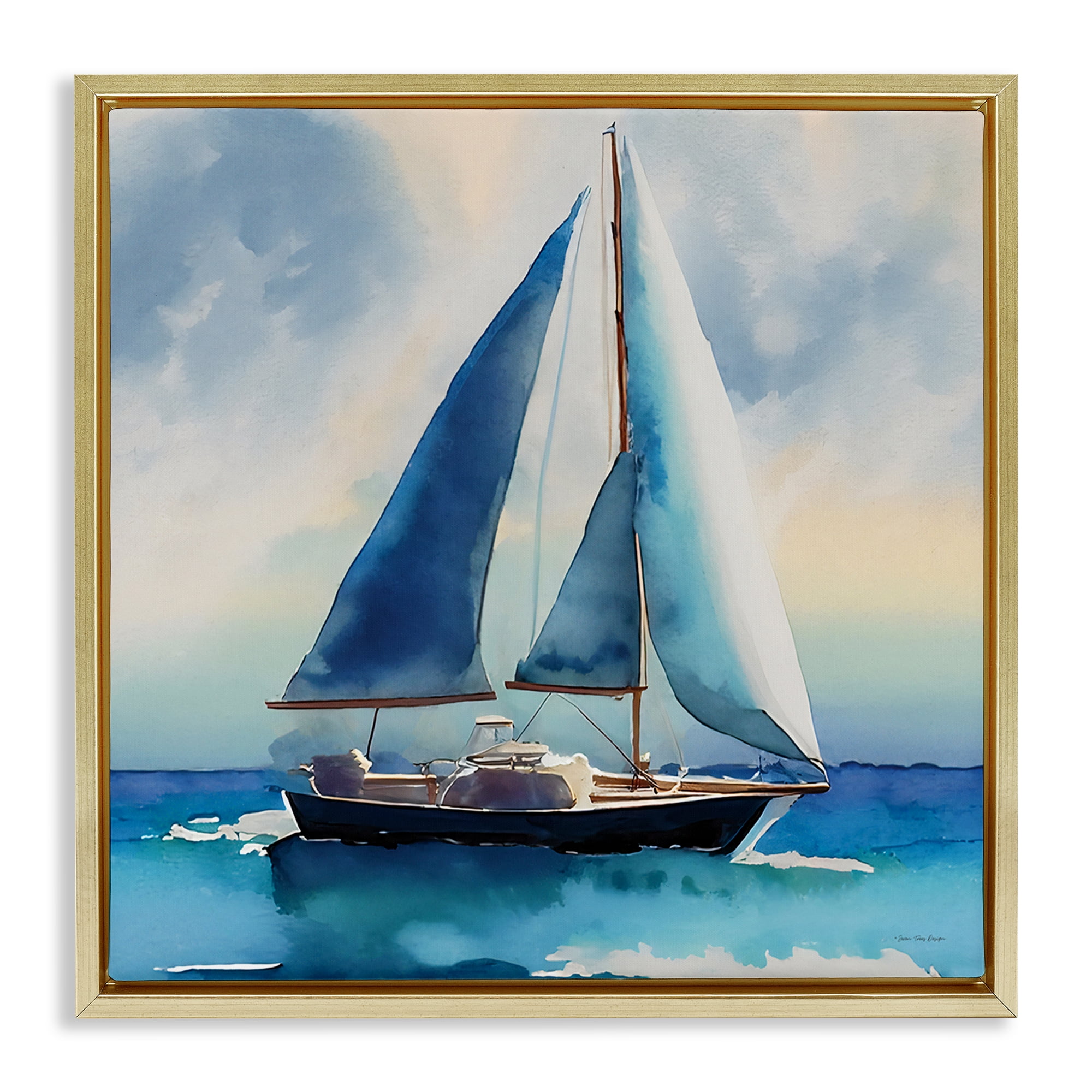 Stupell Industries Watercolor Style Sailboat Nautical & Beach Painting Gold Floater Framed Canvas Art Print Wall Art, 25 x 25