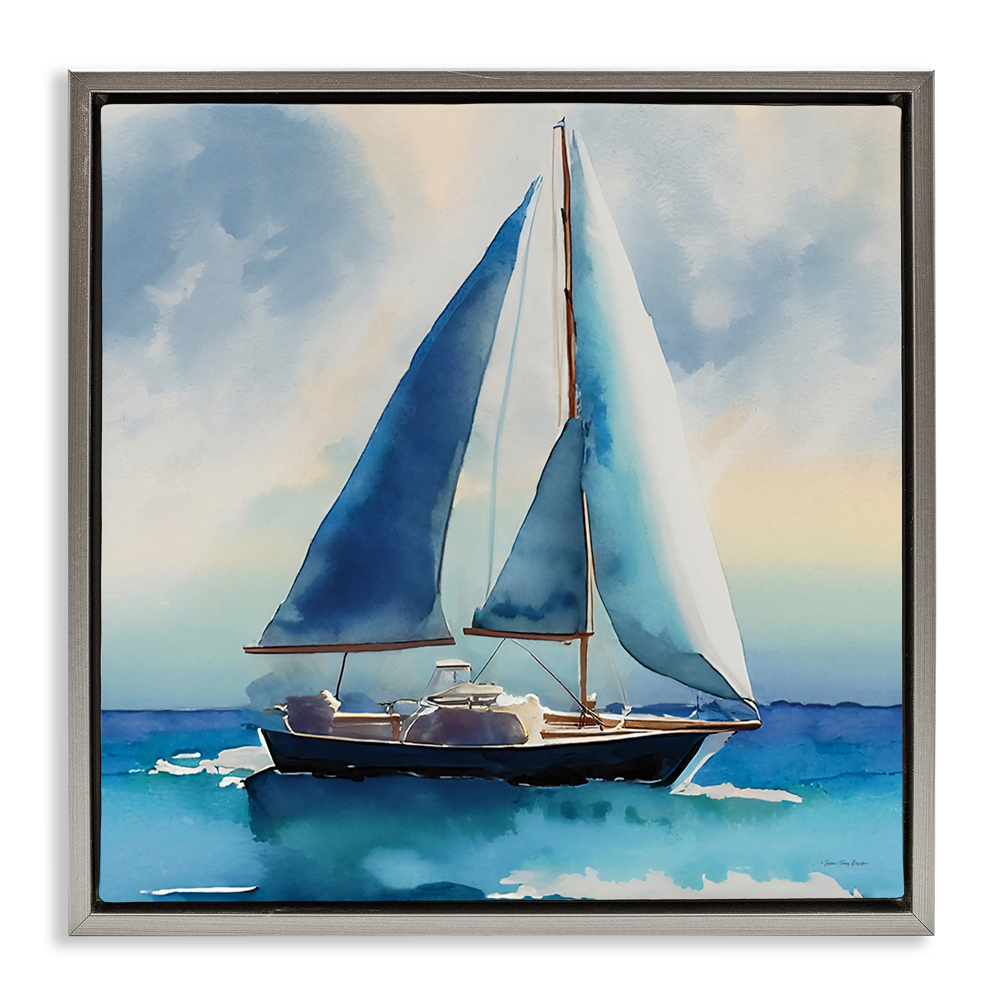 Stupell Industries Watercolor Style Sailboat Nautical & Beach Painting Gray Floater Framed Canvas Art Print Wall Art, 18 x 18