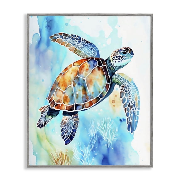 Stupell Industries Watercolor Style Sea Turtle Gray Framed Giclee Art design by LSR Creative Studio, 30 x 24
