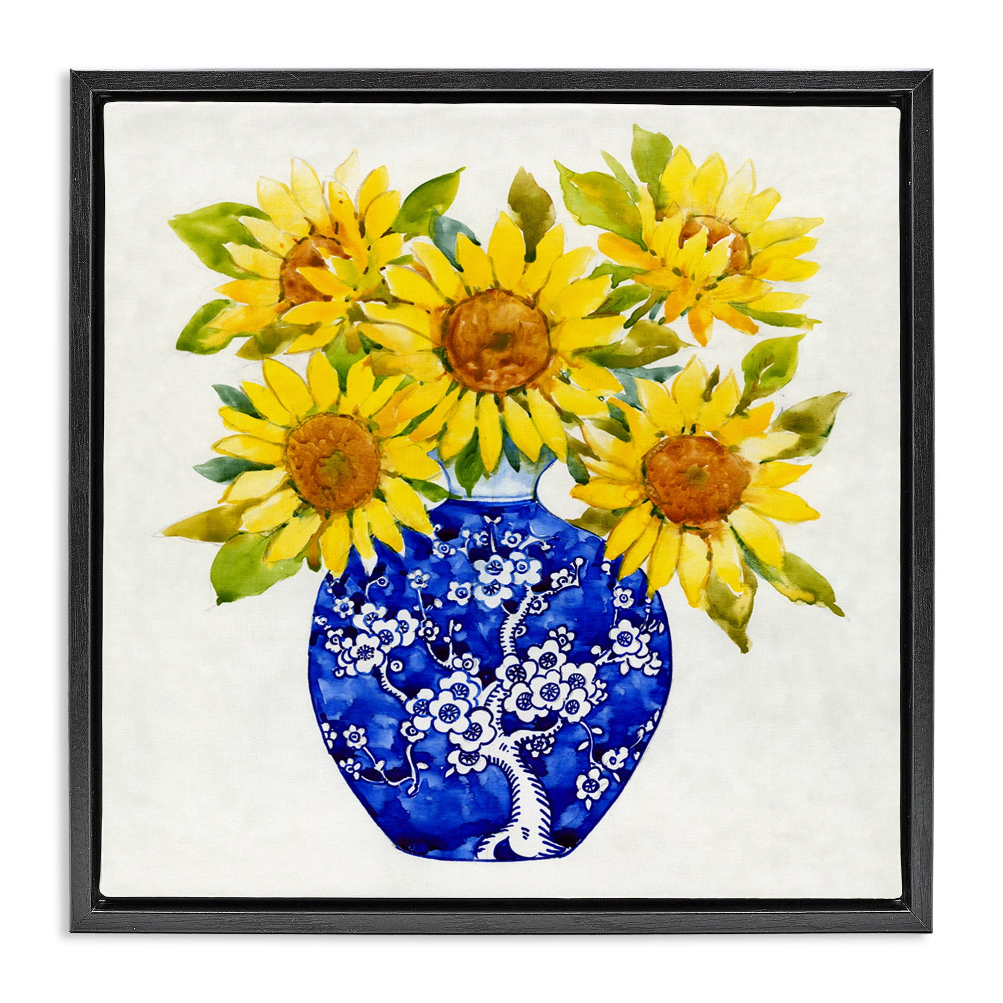 Stupell Industries Watercolor Sunflower Bouquet Botanical & Floral Painting Black Floater Framed Canvas Art Print Wall Art, 25 x 25