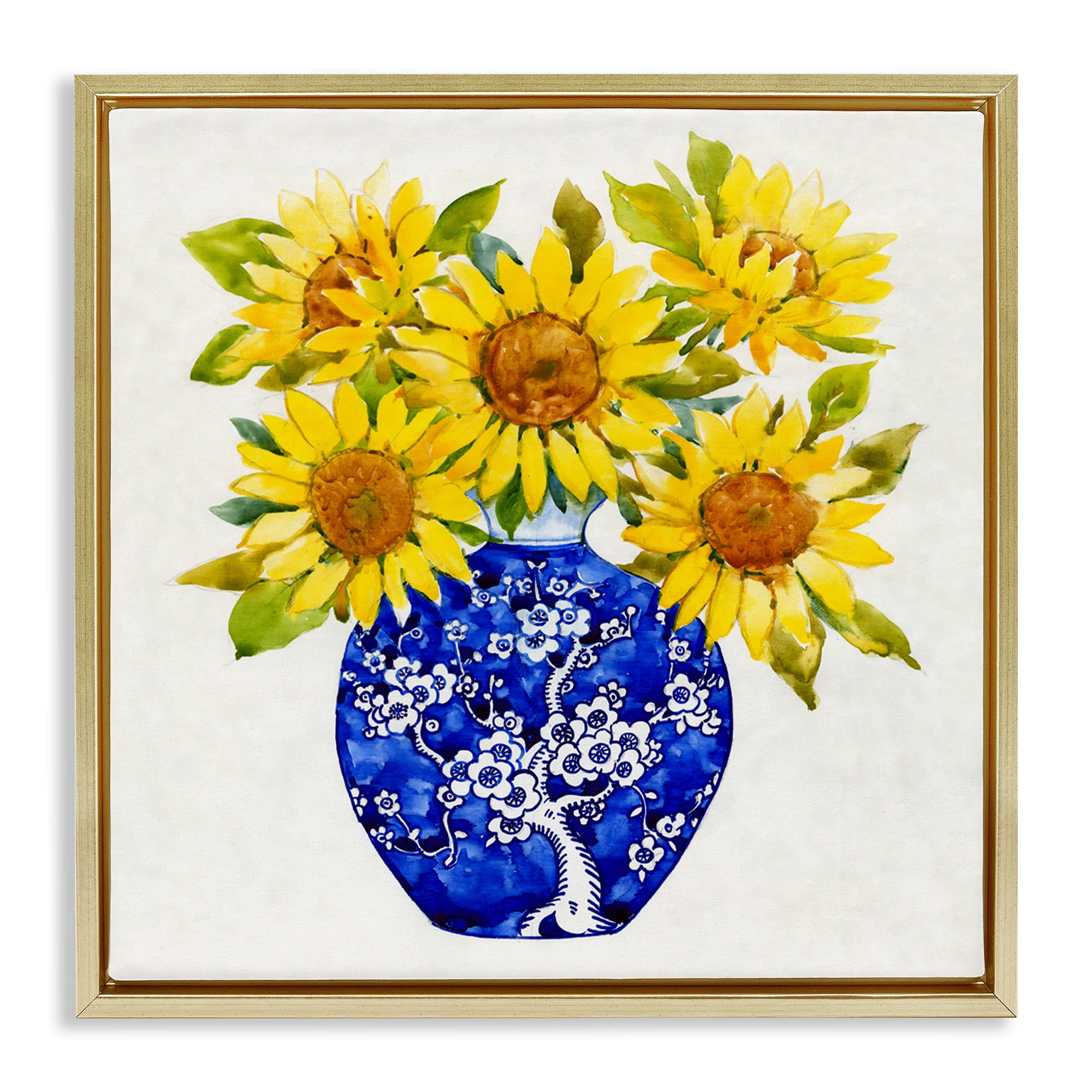 Stupell Industries Watercolor Sunflower Bouquet Botanical & Floral Painting Gold Floater Framed Canvas Art Print Wall Art, 25 x 25
