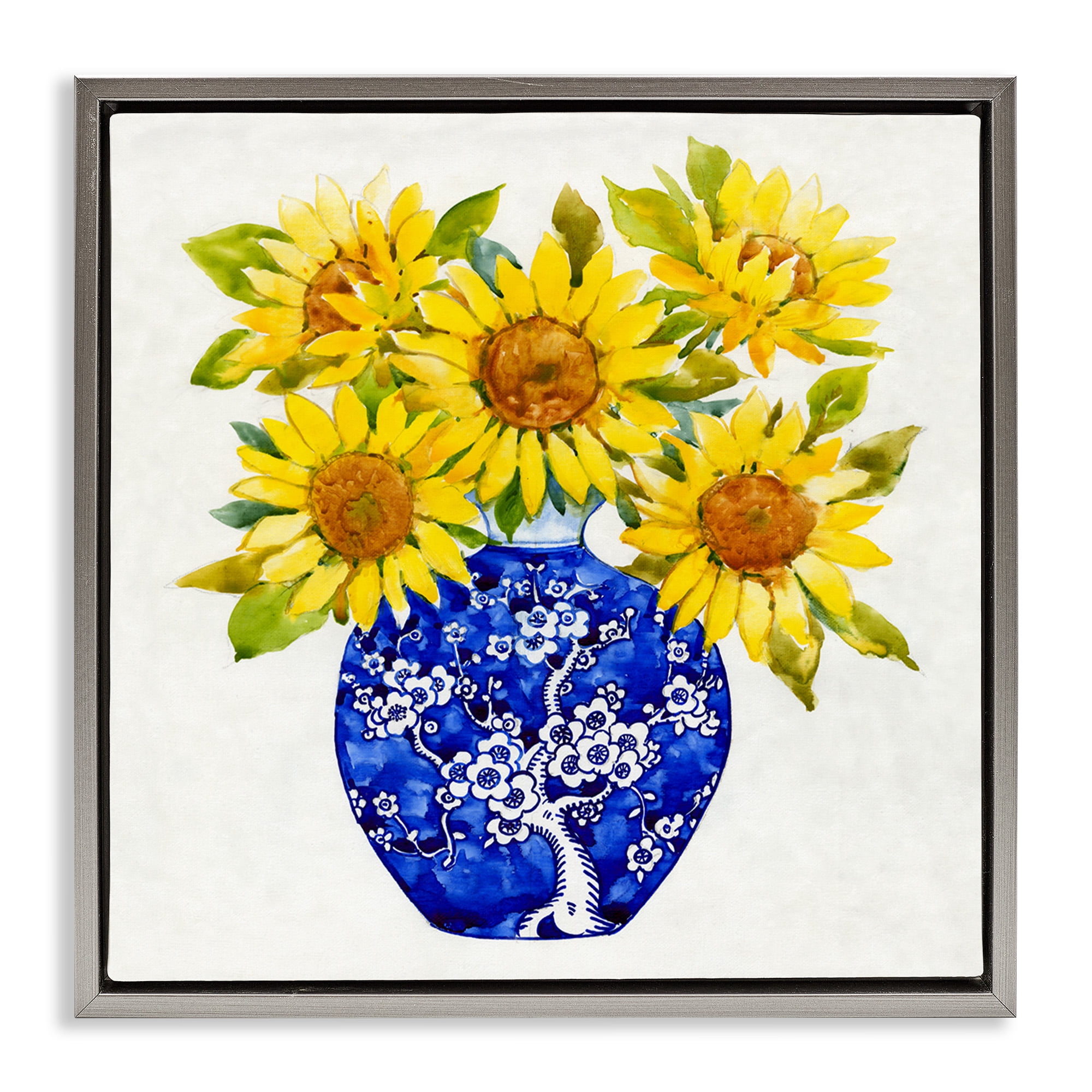 Stupell Industries Watercolor Sunflower Bouquet Botanical & Floral Painting Gray Floater Framed Canvas Art Print Wall Art, 25 x 25