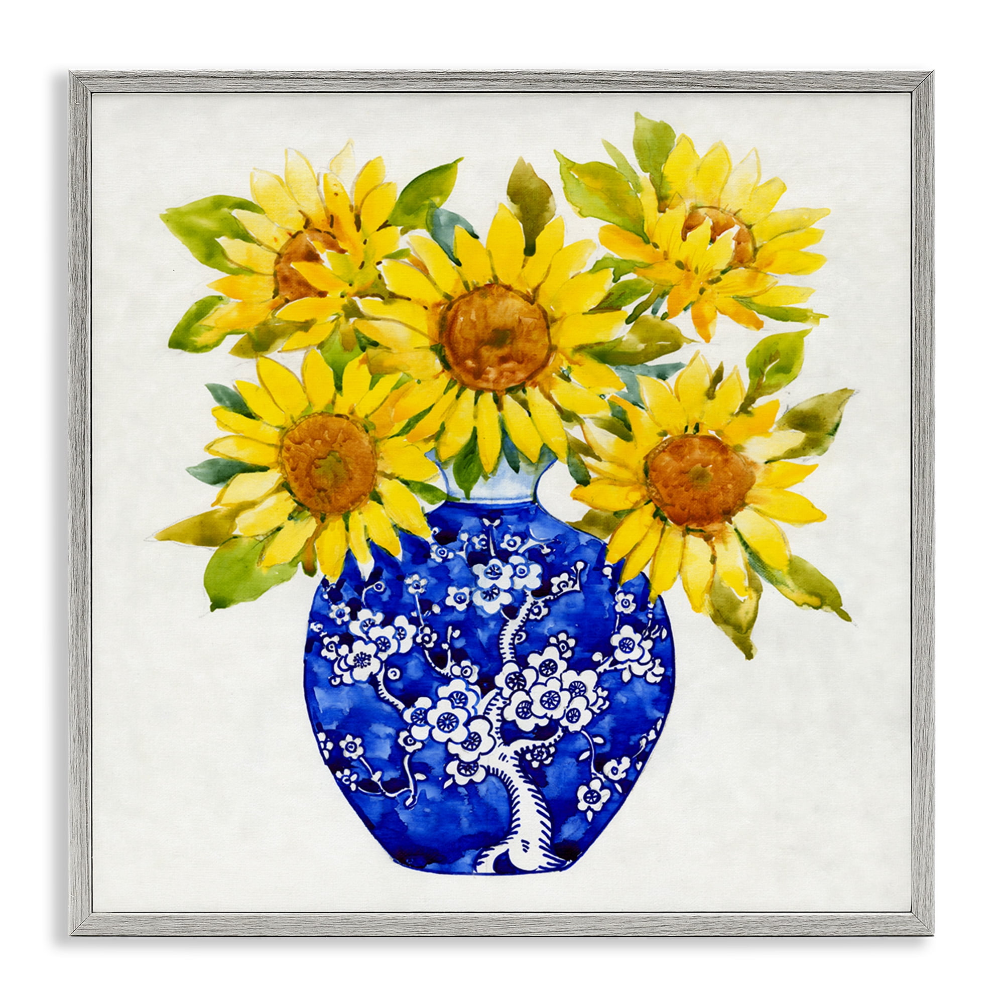 Stupell Industries Watercolor Sunflower Bouquet Botanical & Floral Painting Gray Framed Art Print Wall Art, 12 x 12