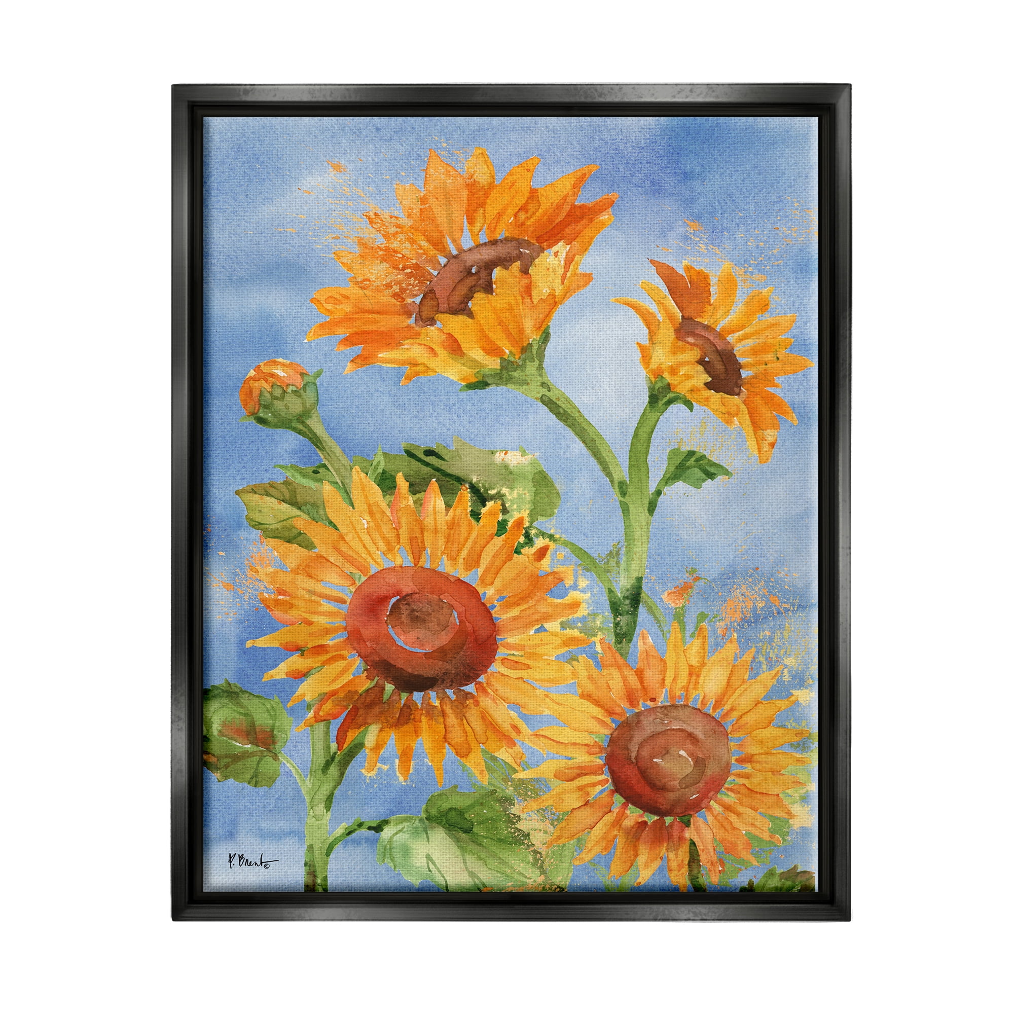 Stupell Industries Watercolor Sunflowers on Blue Botanical & Floral Painting Black Floater Framed Art Print Wall Art, 25 x 31