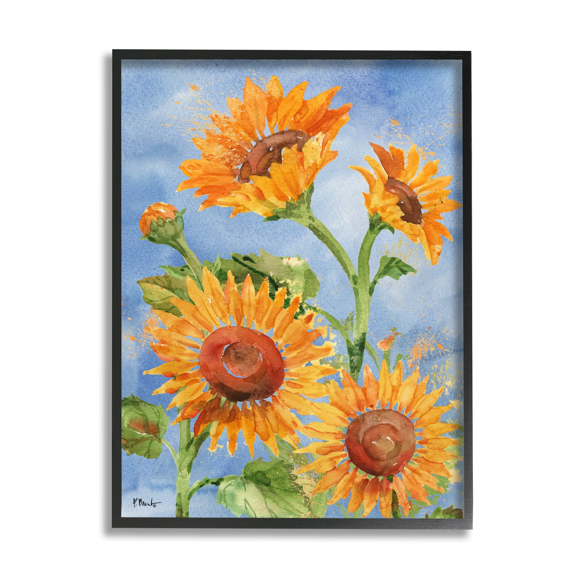 Stupell Industries Watercolor Sunflowers on Blue Botanical & Floral Painting Black Framed Art Print Wall Art, 24 x 30