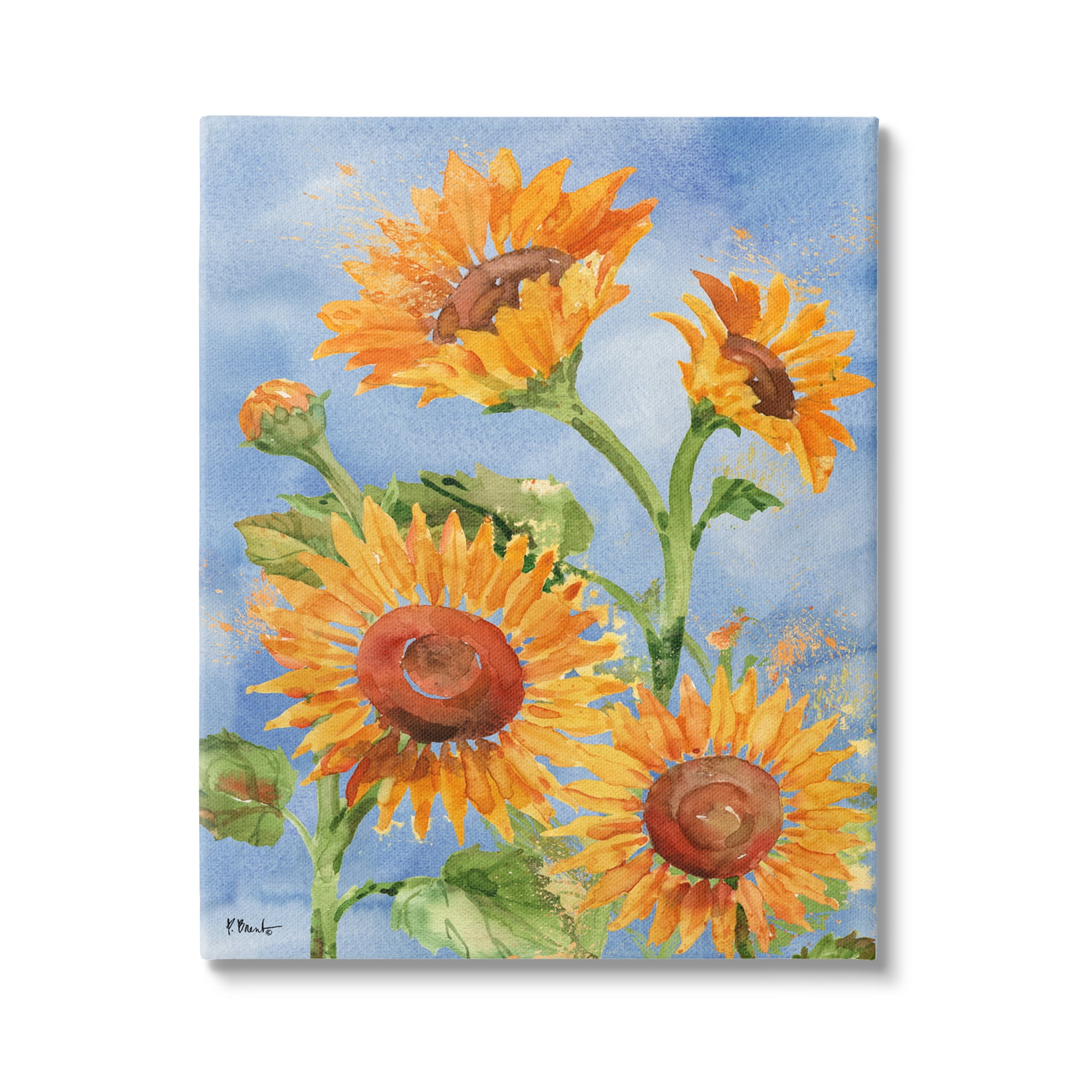Stupell Industries Watercolor Sunflowers on Blue Botanical & Floral Painting Gallery Wrapped Canvas Print Wall Art, 16 x 20