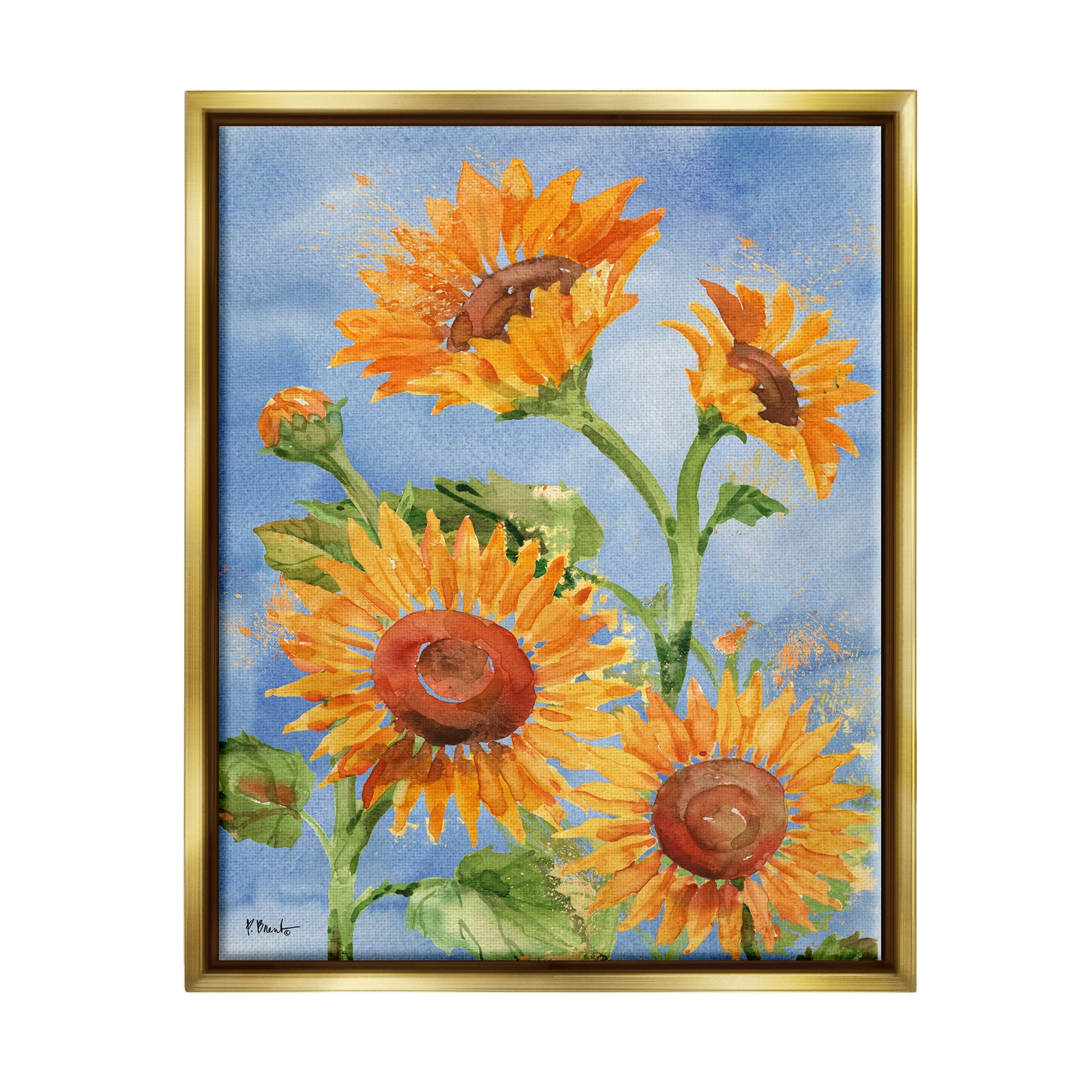 Stupell Industries Watercolor Sunflowers on Blue Botanical & Floral Painting Gold Floater Framed Art Print Wall Art, 25 x 31