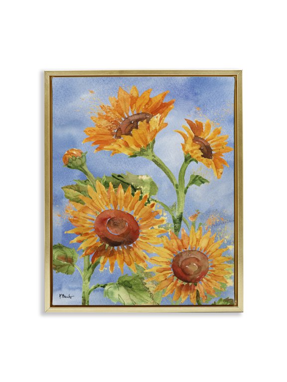 Industries French Country Watercolor Sunflowers on Blue Gold Floating Frame Canvas Art, 25 x 31, by Paul Brent