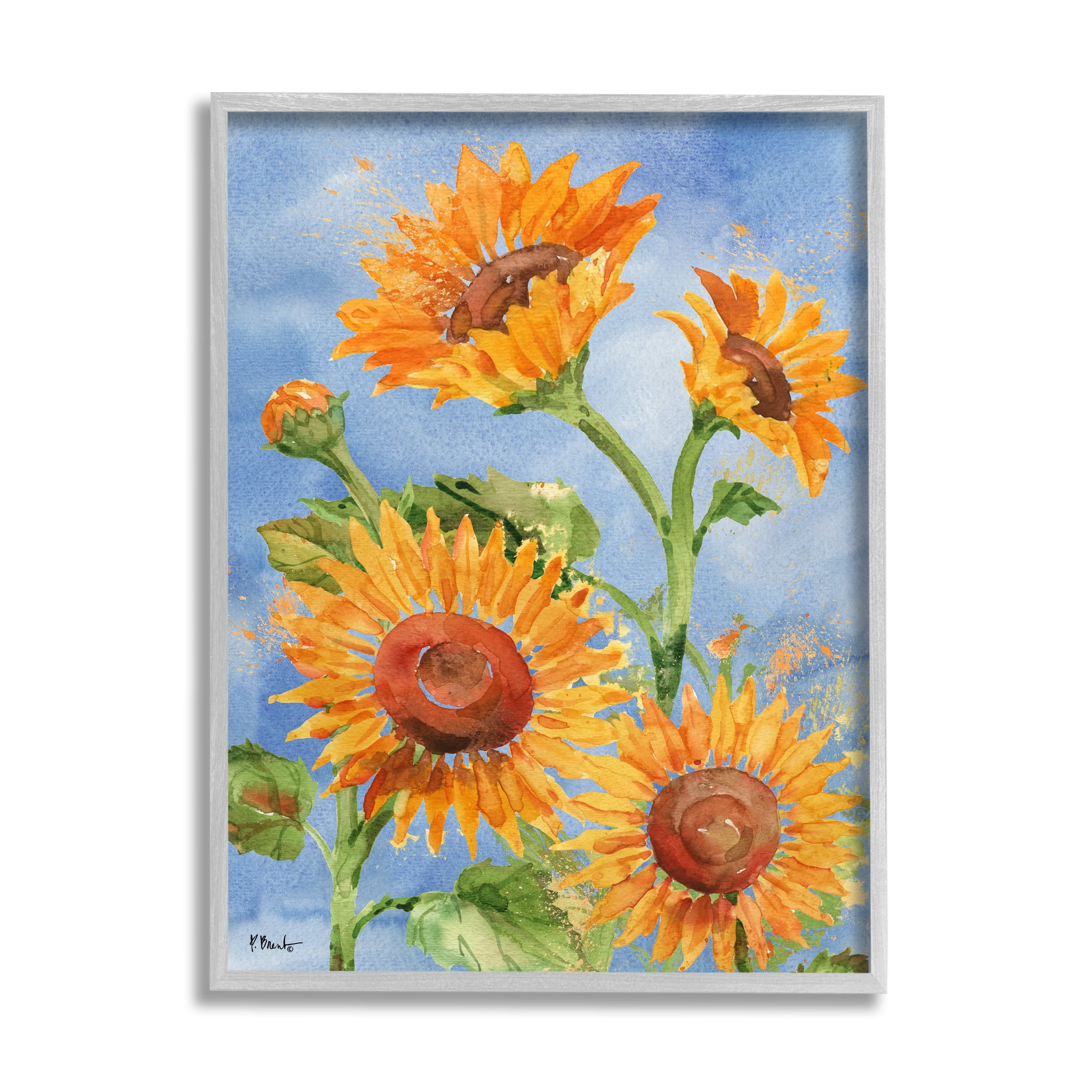 Stupell Industries Watercolor Sunflowers on Blue Botanical & Floral Painting Gray Framed Art Print Wall Art, 16 x 20