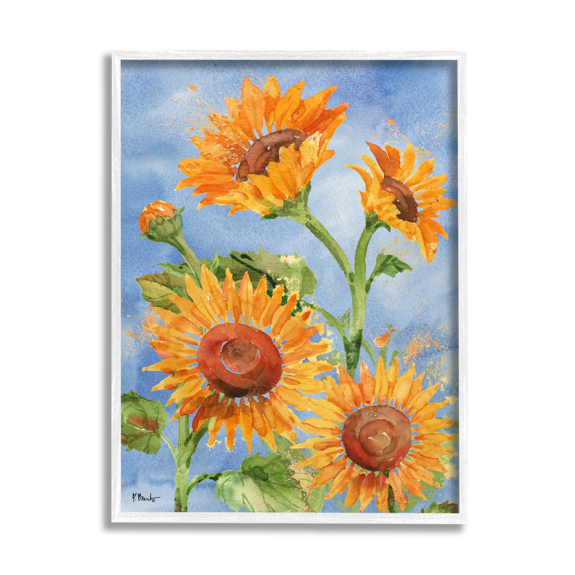 Stupell Industries Watercolor Sunflowers on Blue Botanical & Floral Painting White Framed Art Print Wall Art, 11 x 14